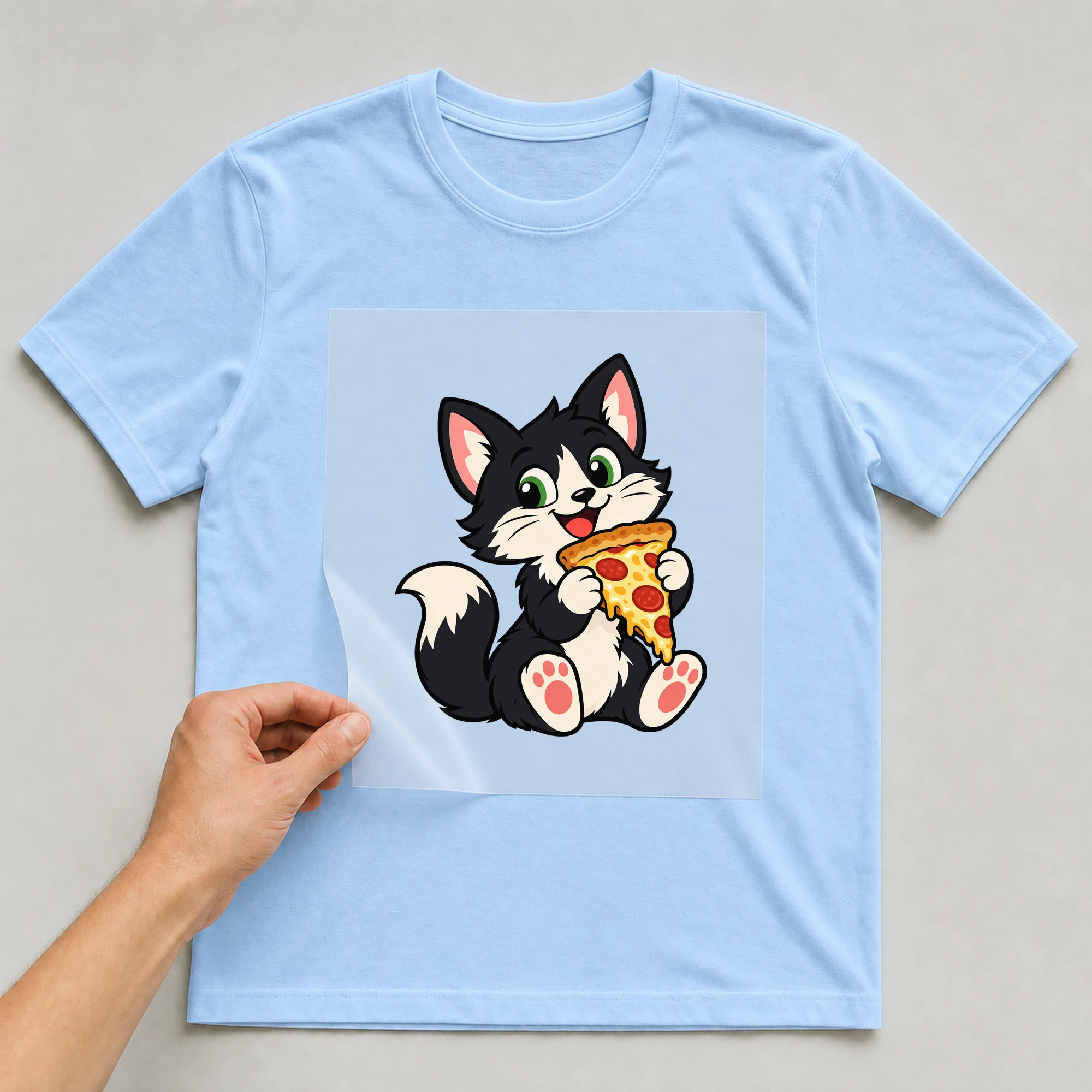 Bügelbild „Pizza Cat“ auf babyblauem T-Shirt, Folie wird aufgelegt