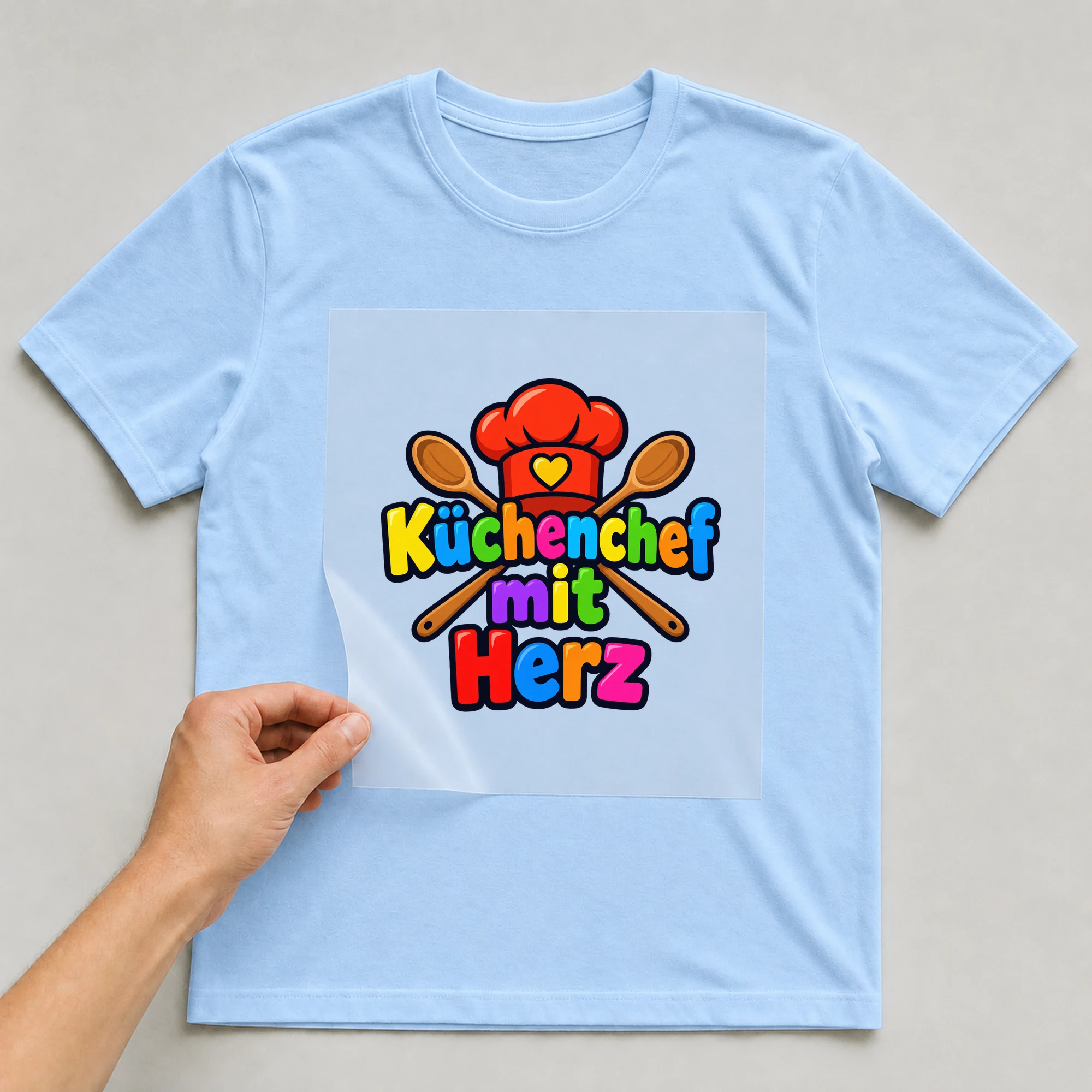 Bügelbild „Küchenchef mit Herz“ auf babyblauem T-Shirt, Folie wird aufgelegt