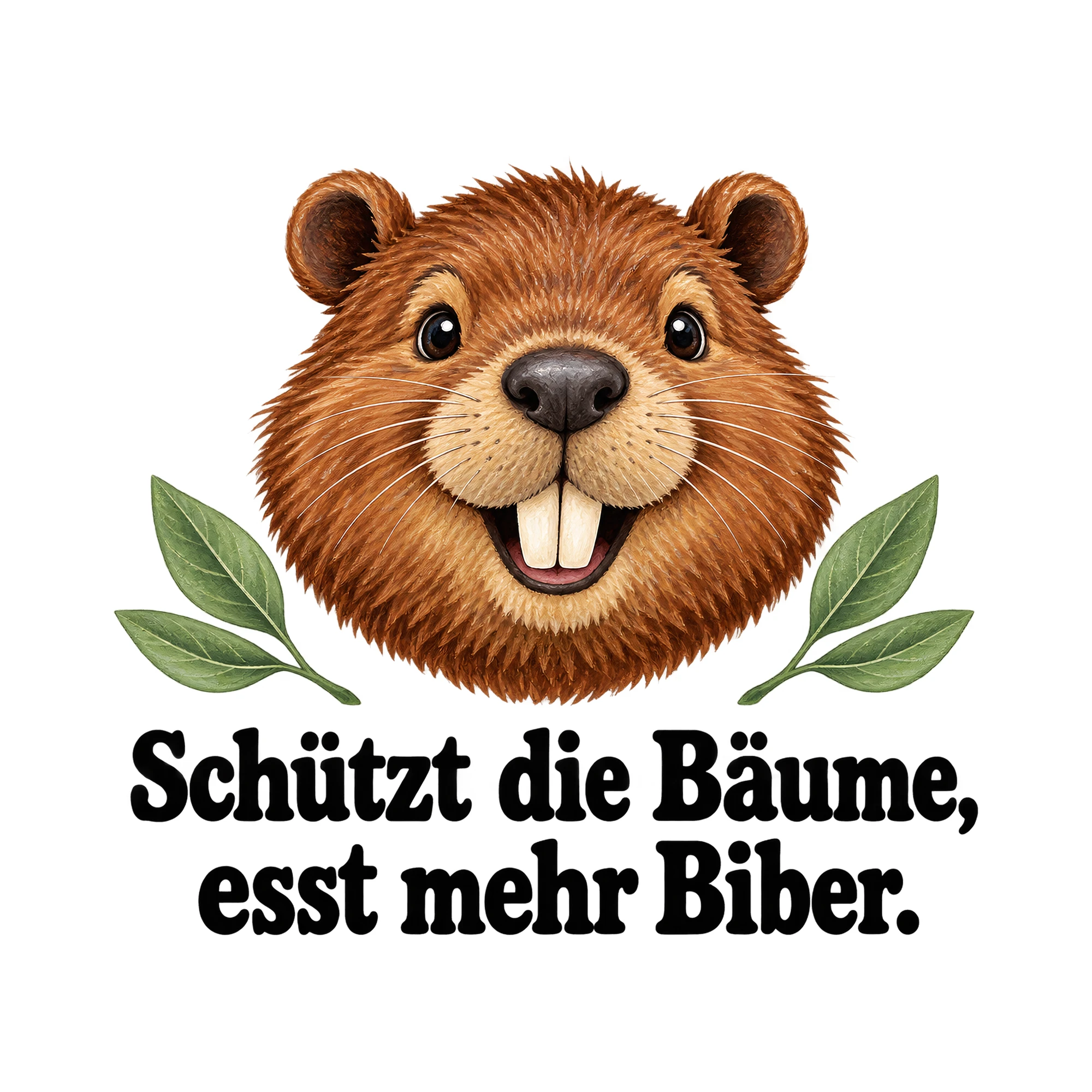 Bügelbild „Schützt die Bäume, esst mehr Biber.“ | Tiere Shirt Spruch als Grafik auf weißem Hintergrund (BB016185)