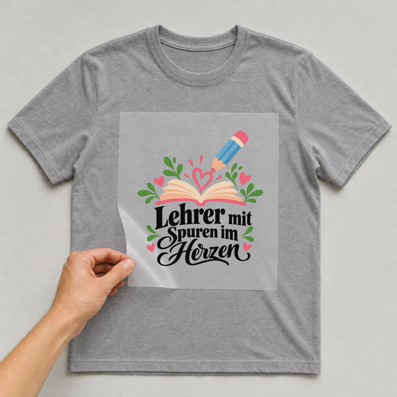 Bügelbild „Lehrer mit Spuren im Herzen“ auf grauem T-Shirt, Folie wird aufgelegt