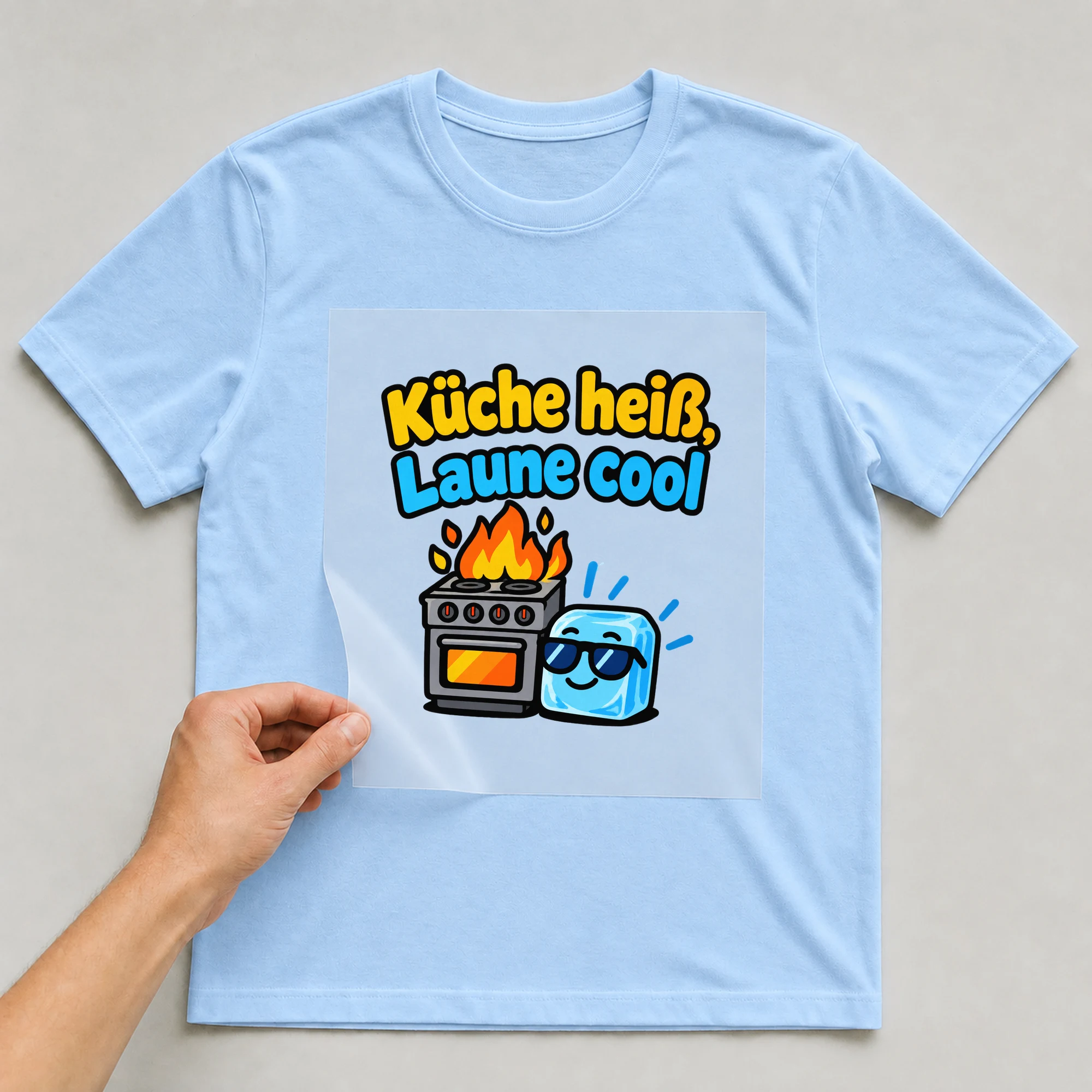 Bügelbild „Küche heiß, Laune cool“ auf babyblauem T-Shirt, Folie wird aufgelegt