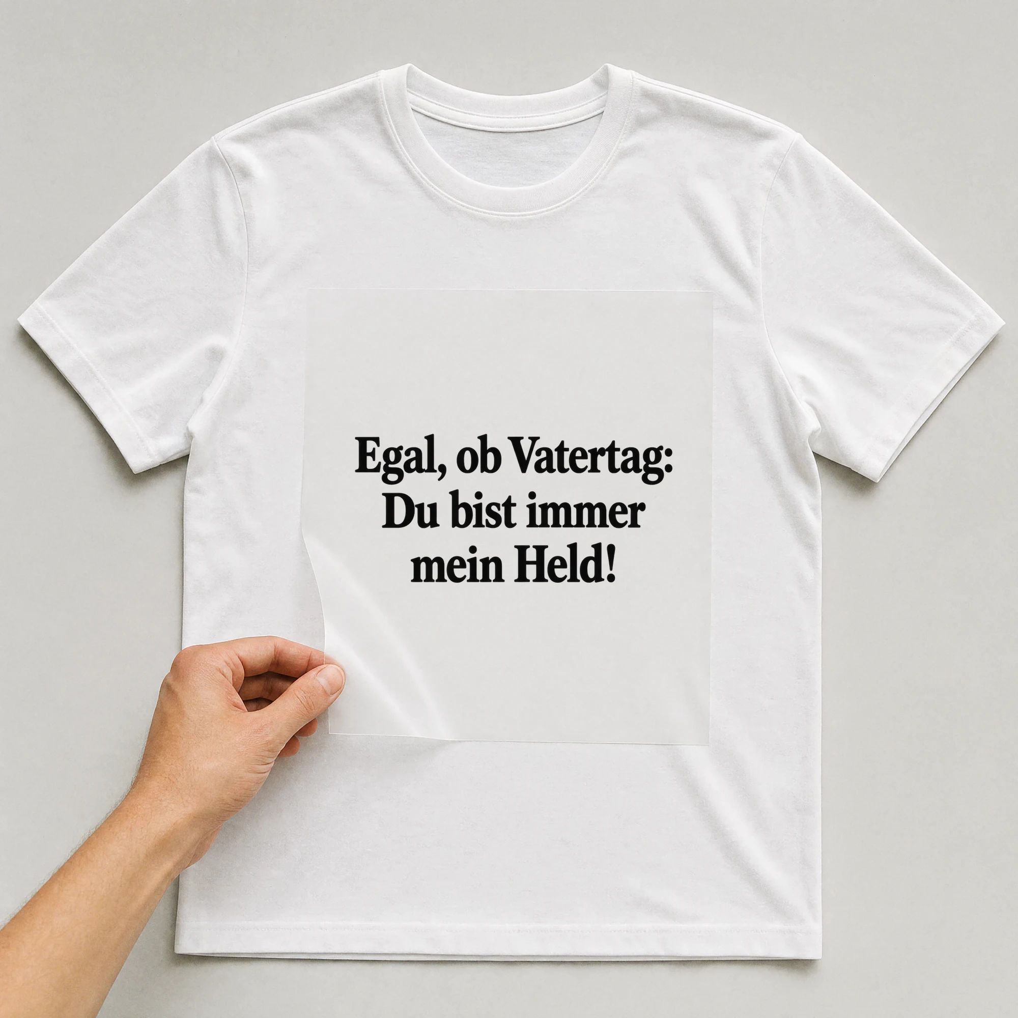 Bügelbild „Egal, ob Vatertag: Du bist immer mein Held!“ auf weißem T-Shirt, Folie wird aufgelegt