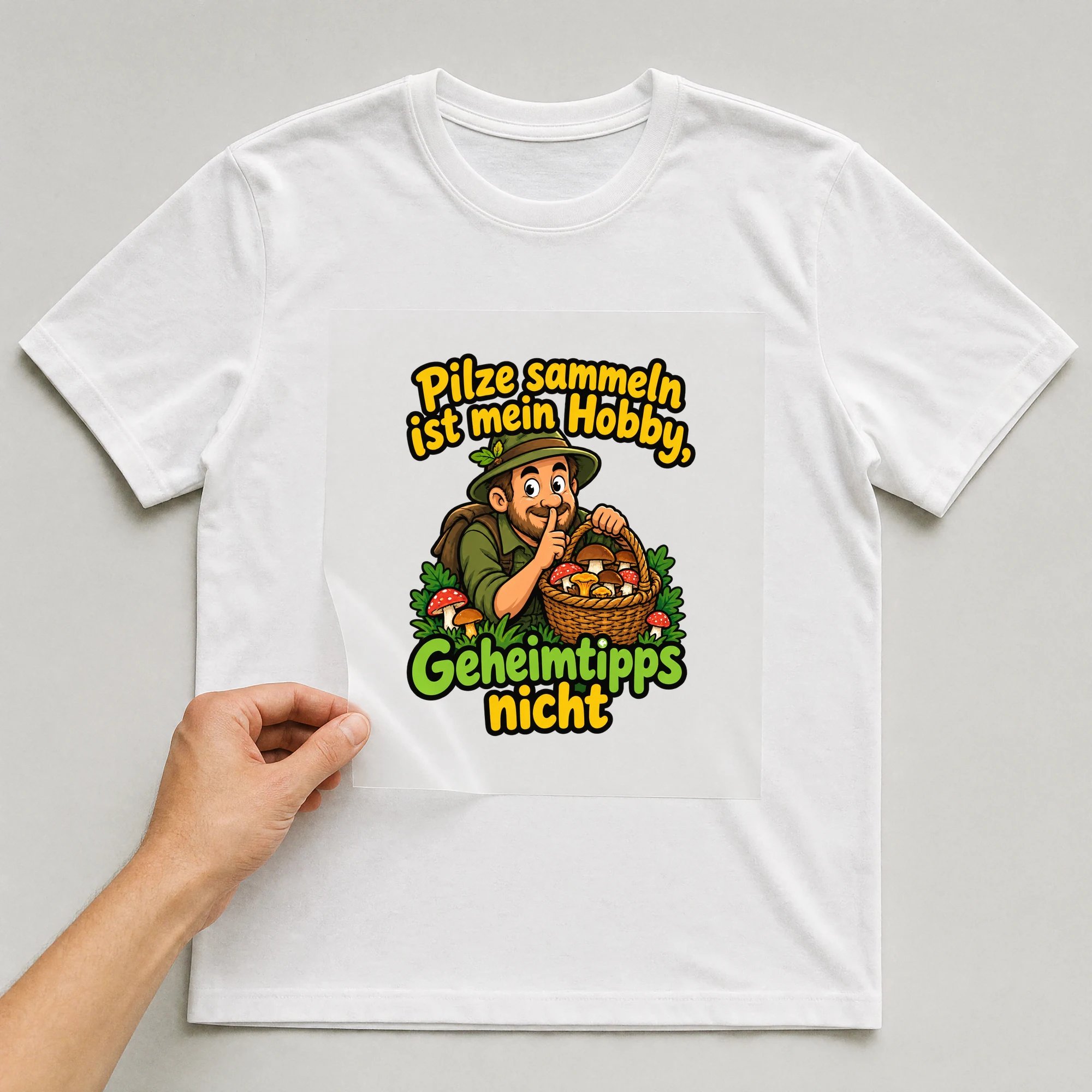 Bügelbild „Pilze sammeln ist mein Hobby, Geheimtipps nicht“ auf weißem T-Shirt, Folie wird aufgelegt