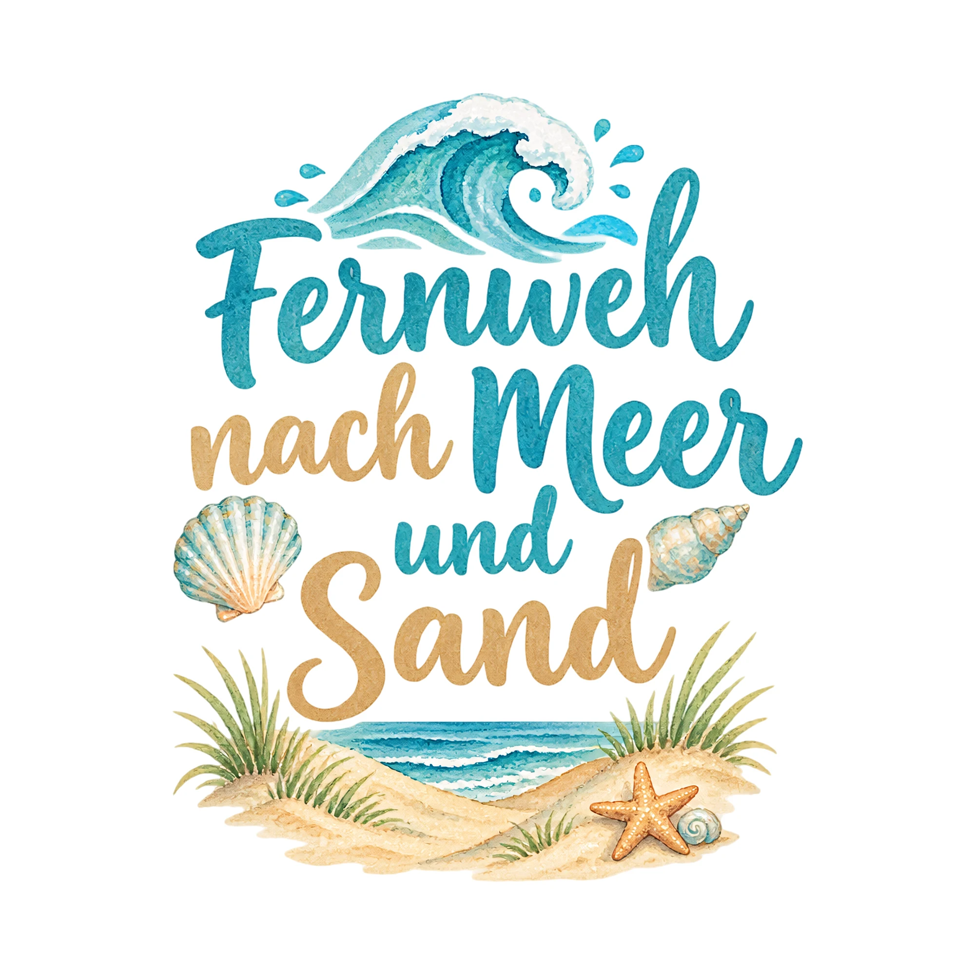 Bügelbild Fernweh nach meer und sand als Grafik auf weißem Hintergrund (BB016487)