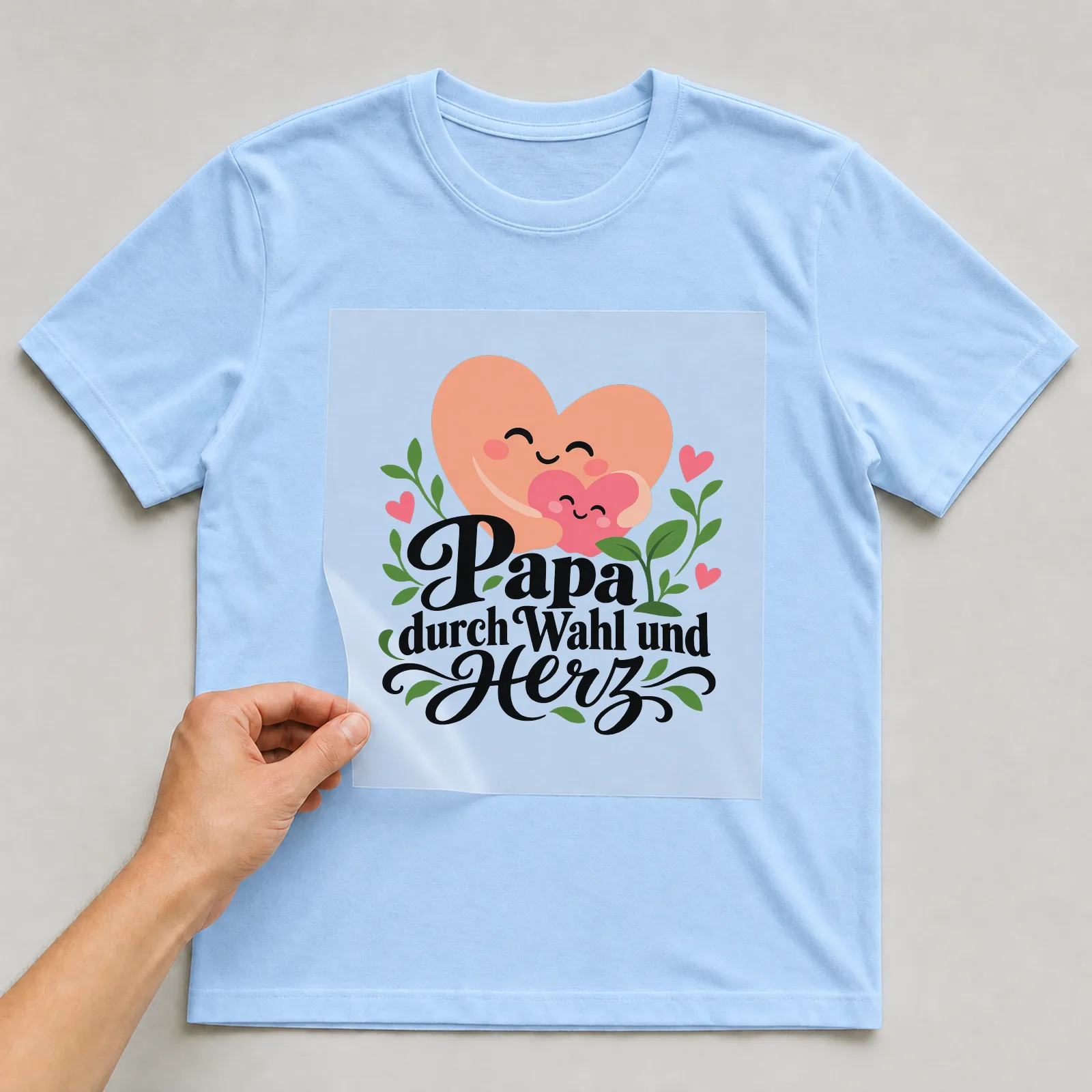 Bügelbild „Papa durch Wahl und Herz“ auf hellblauem T-Shirt, Folie wird aufgelegt