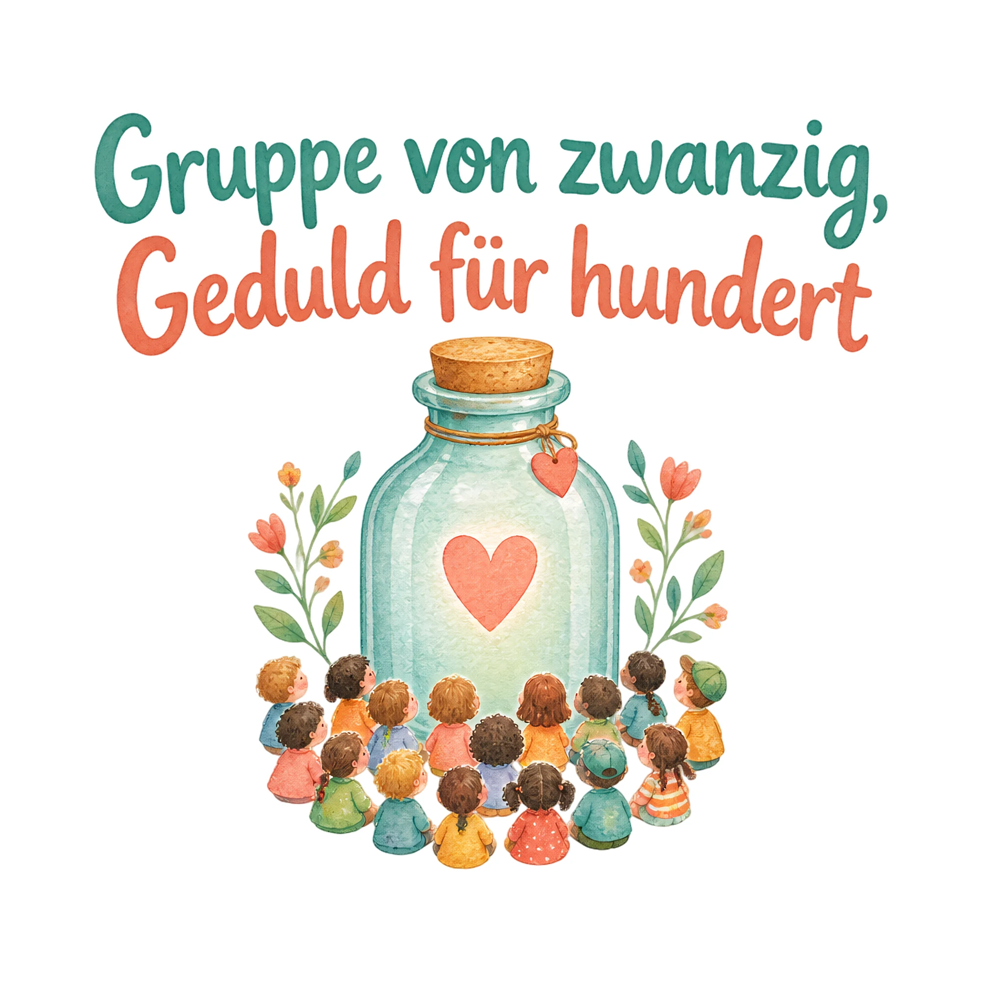Bügelbild Gruppe von zwanzig, Geduld für hundert als Grafik auf weißem Hintergrund (BB020345)