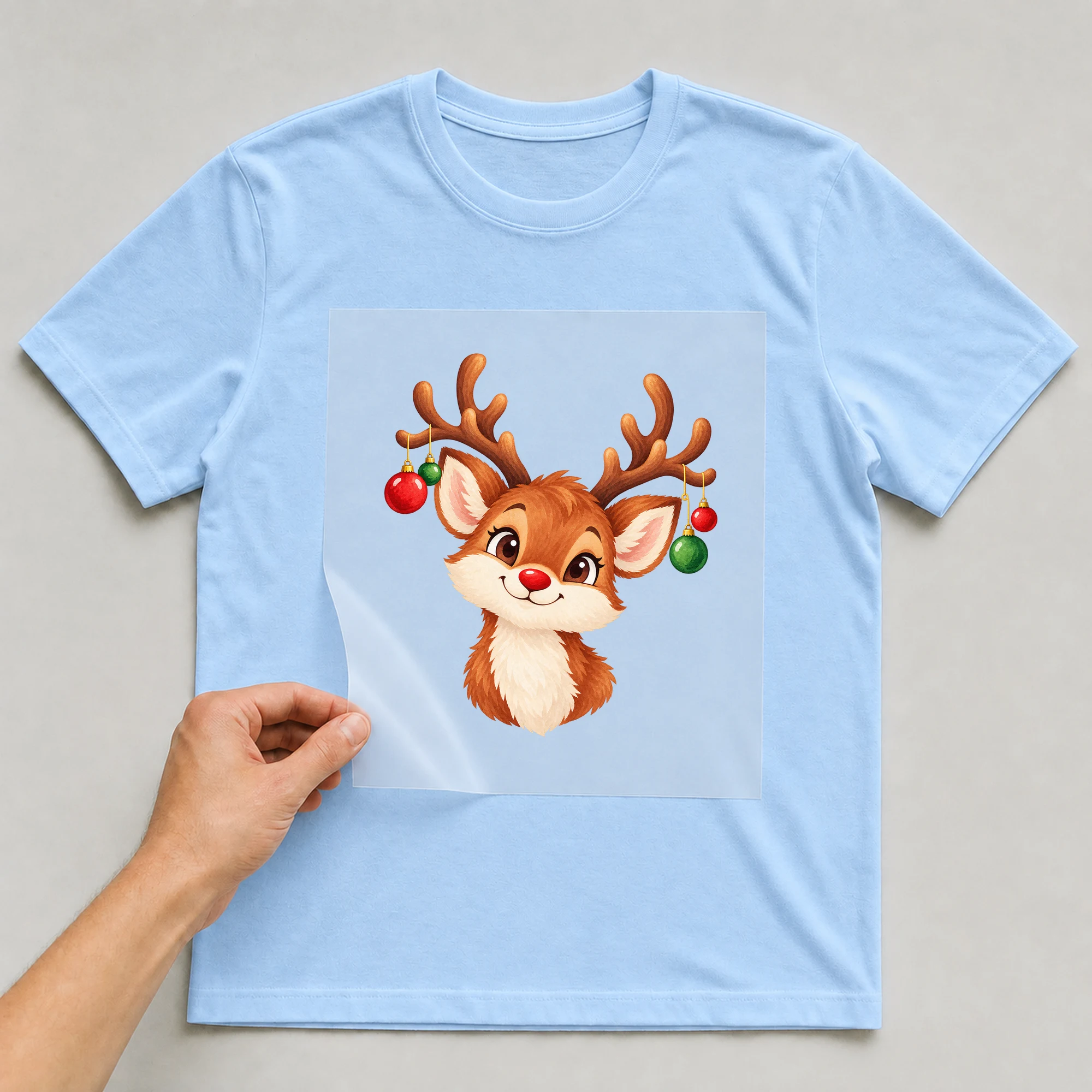 Bügelbild „Weihnachten Rentier“ auf babyblauem T-Shirt, Folie wird aufgelegt