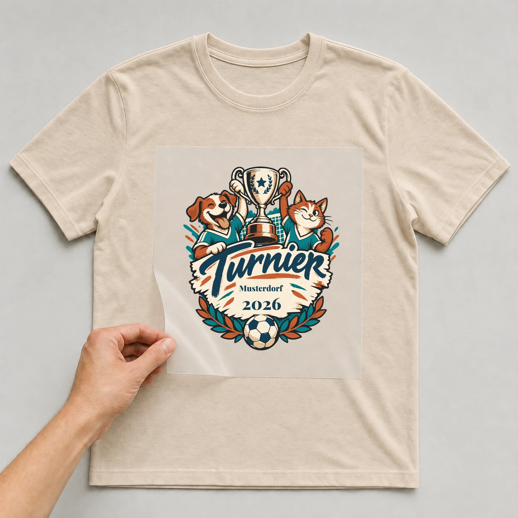Bügelbild Turnier mit Ort und Jahr auf beigem T-Shirt, Folie wird aufgelegt