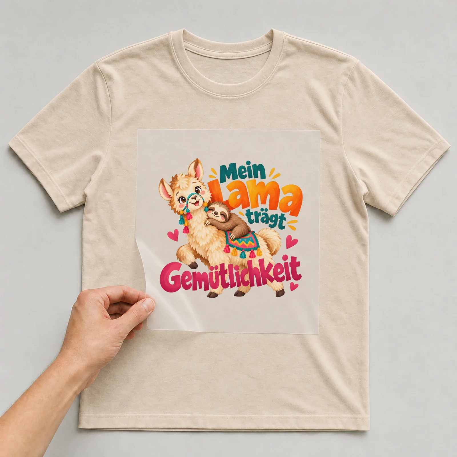 Bügelbild „Mein Lama trägt Gemütlichkeit“ auf beigem T-Shirt, Folie wird aufgelegt