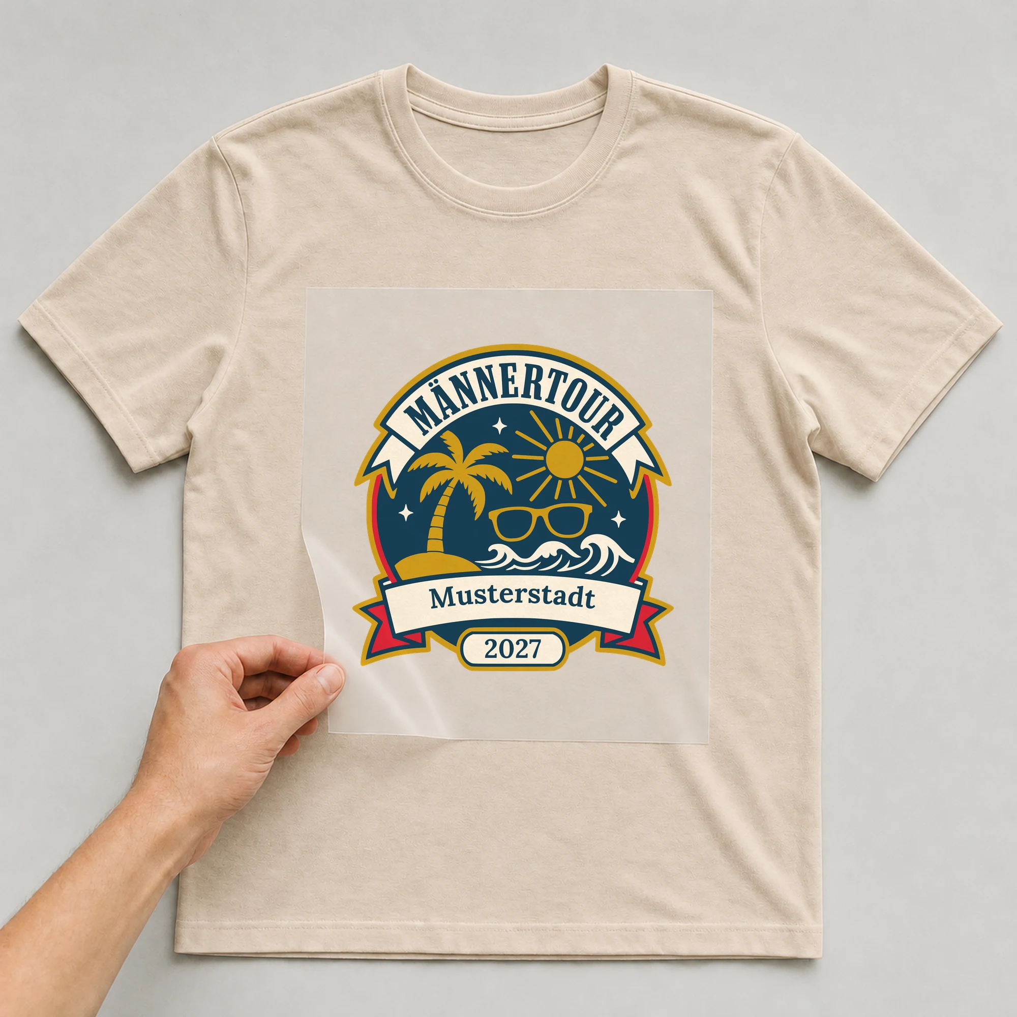 Bügelbild Männertour mit Ort und Jahr auf beigem T-Shirt, Folie wird aufgelegt