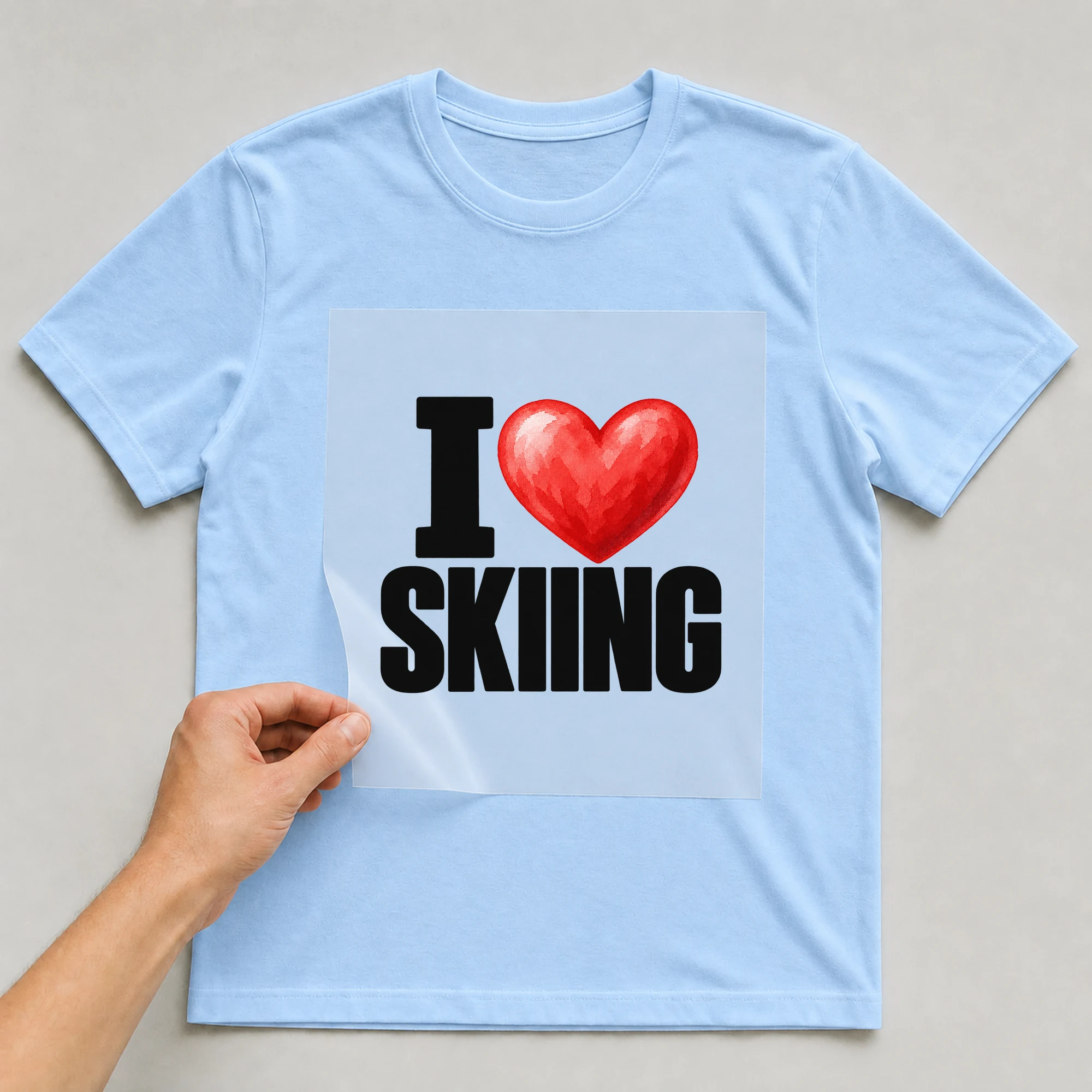 Bügelbild „I Skiing“ auf babyblauem T-Shirt, Folie wird aufgelegt
