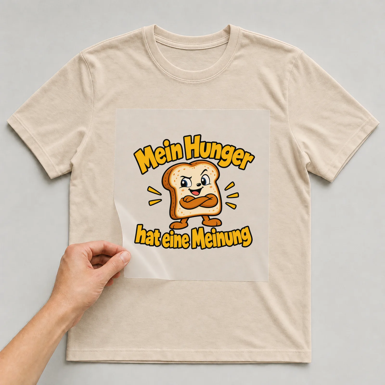 Bügelbild „Mein Hunger hat eine Meinung“ auf beigem T-Shirt, Folie wird aufgelegt