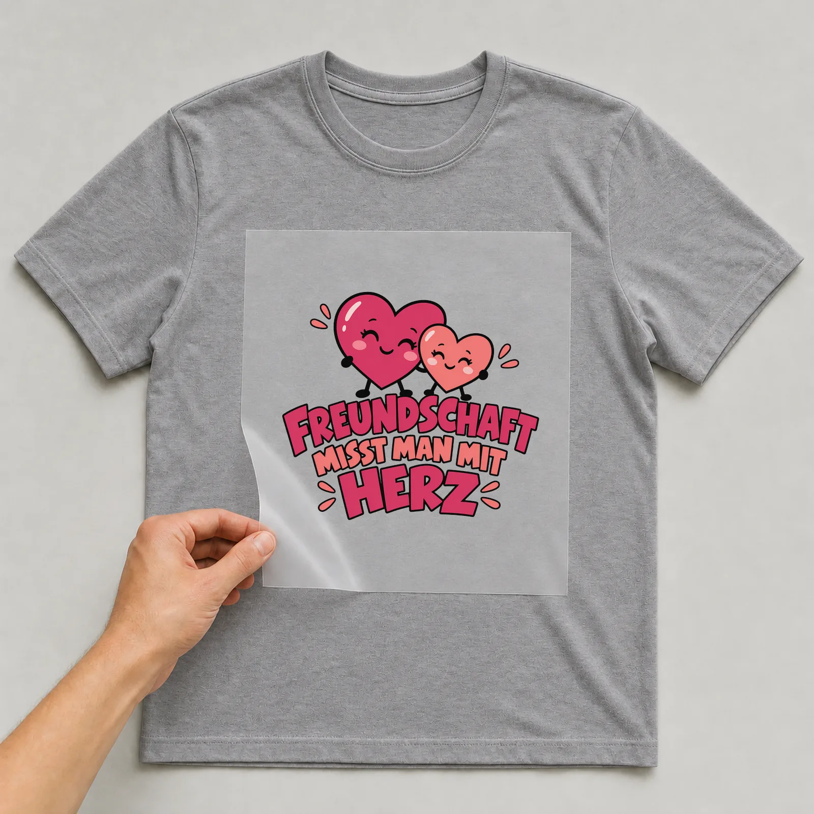 Bügelbild „Freundschaft misst man mit Herz“ auf grauem T-Shirt, Folie wird aufgelegt