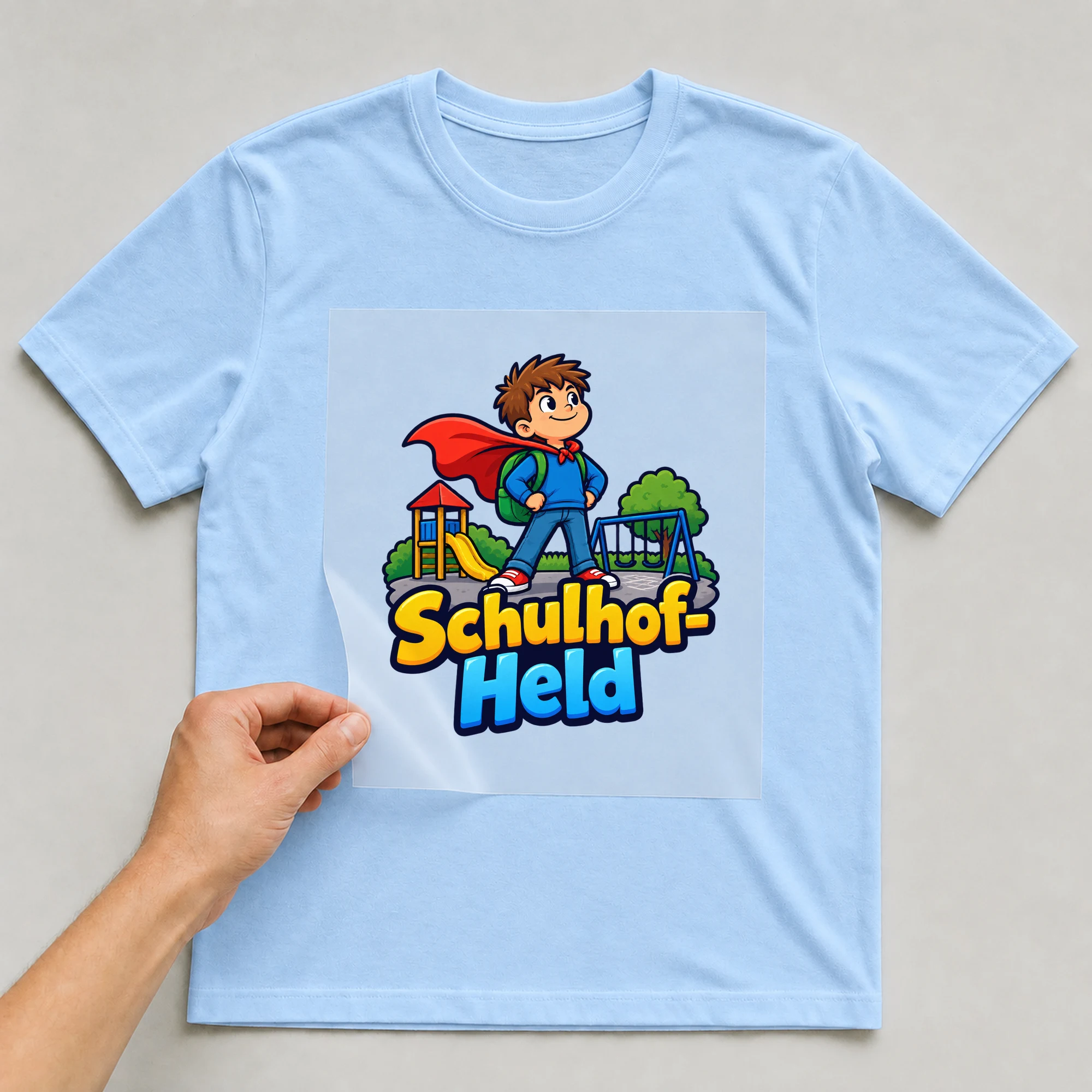 Bügelbild „Schulhof-Held“ auf babyblauem T-Shirt, Folie wird aufgelegt