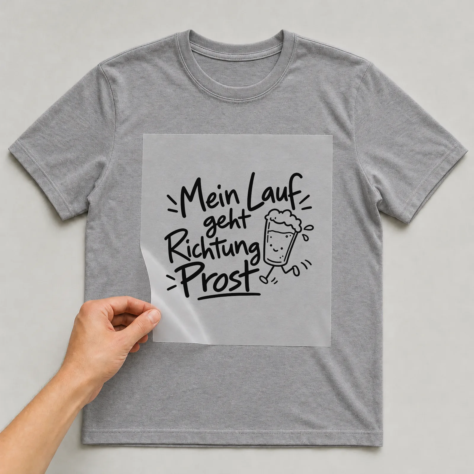 Bügelbild „Mein Lauf geht Richtung Prost“ auf grauem T-Shirt, Folie wird aufgelegt