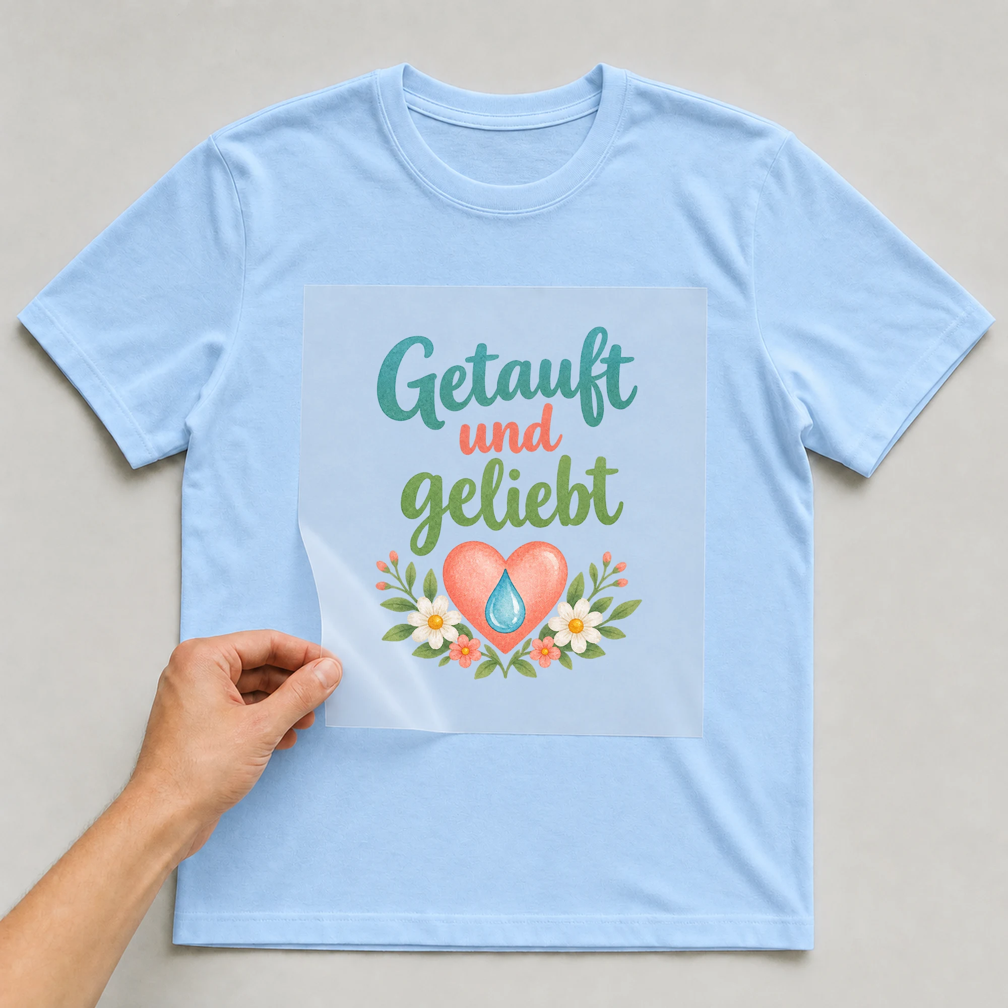 Bügelbild „Getauft und geliebt“ auf babyblauem T-Shirt, Folie wird aufgelegt
