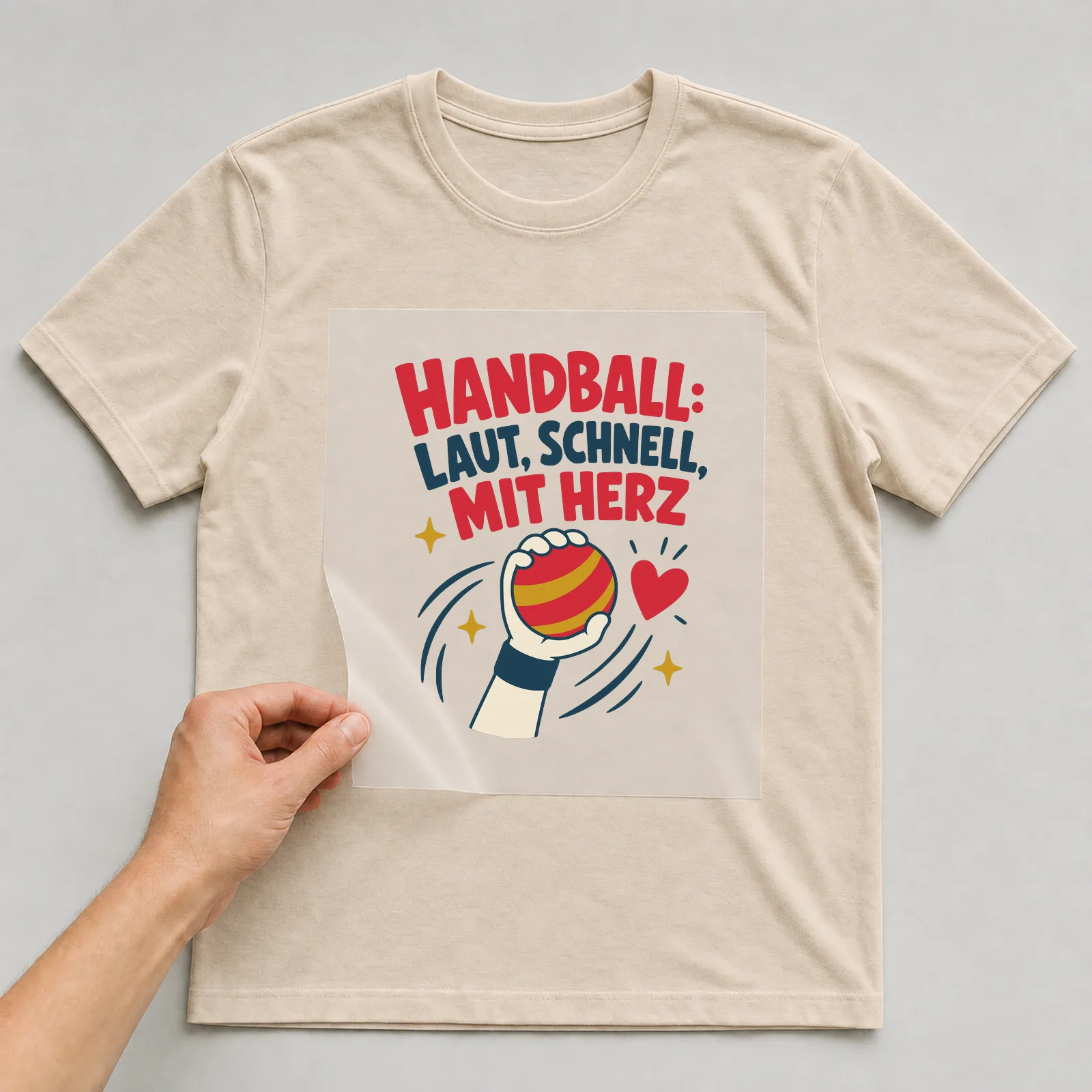 Bügelbild Handball: laut, schnell, mit Herz auf beigem T-Shirt, Folie wird aufgelegt