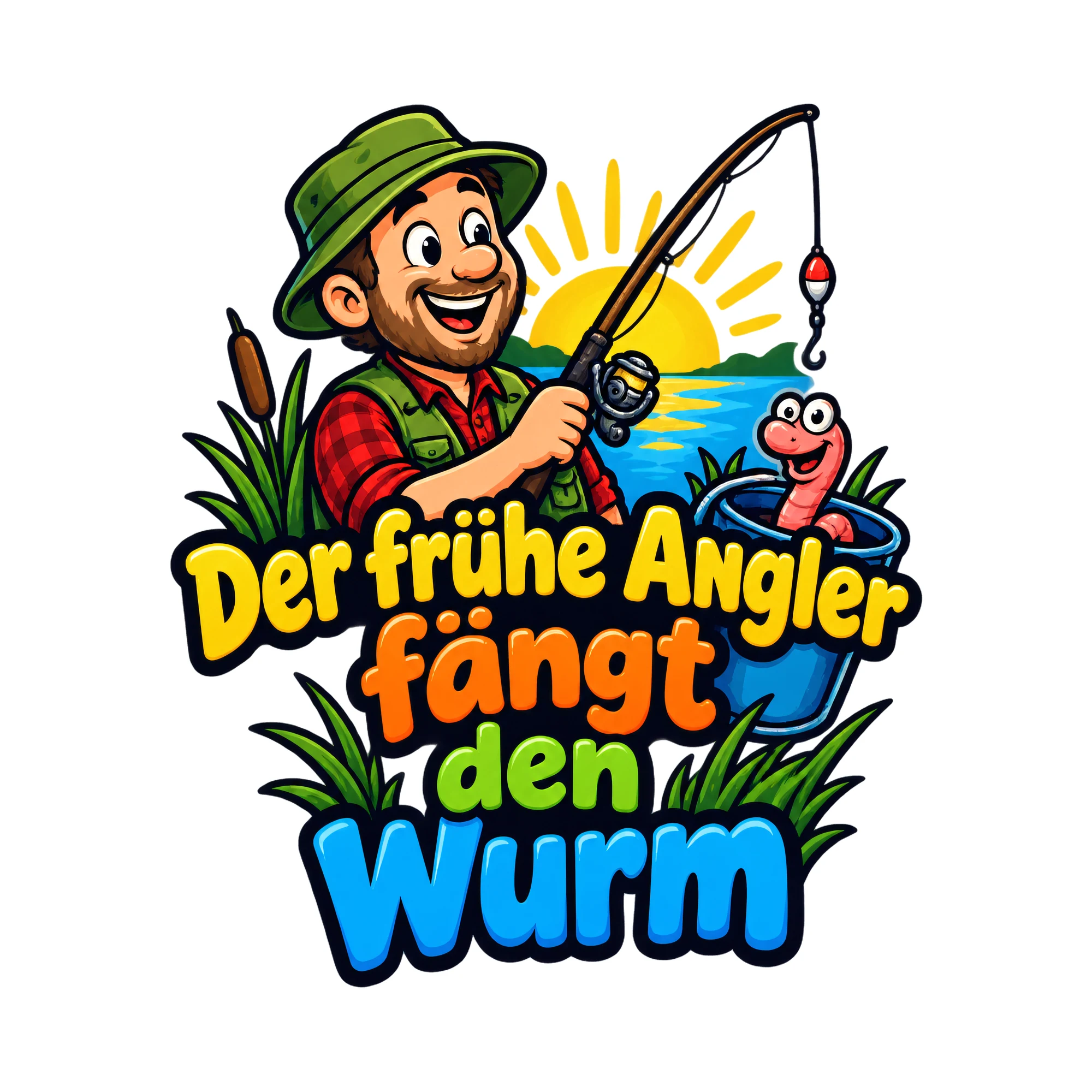 Bügelbild Der frühe Angler fängt den Wurm als Grafik auf weißem Hintergrund (BB019330)