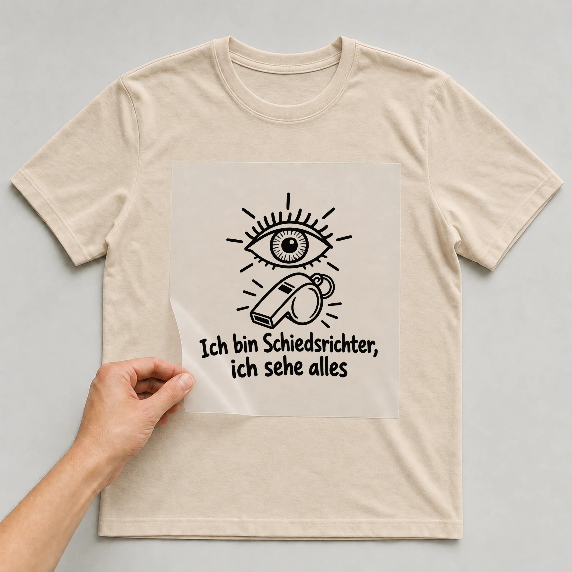Bügelbild „Ich bin Schiedsrichter, ich sehe alles“ auf beigem T-Shirt, Folie wird aufgelegt