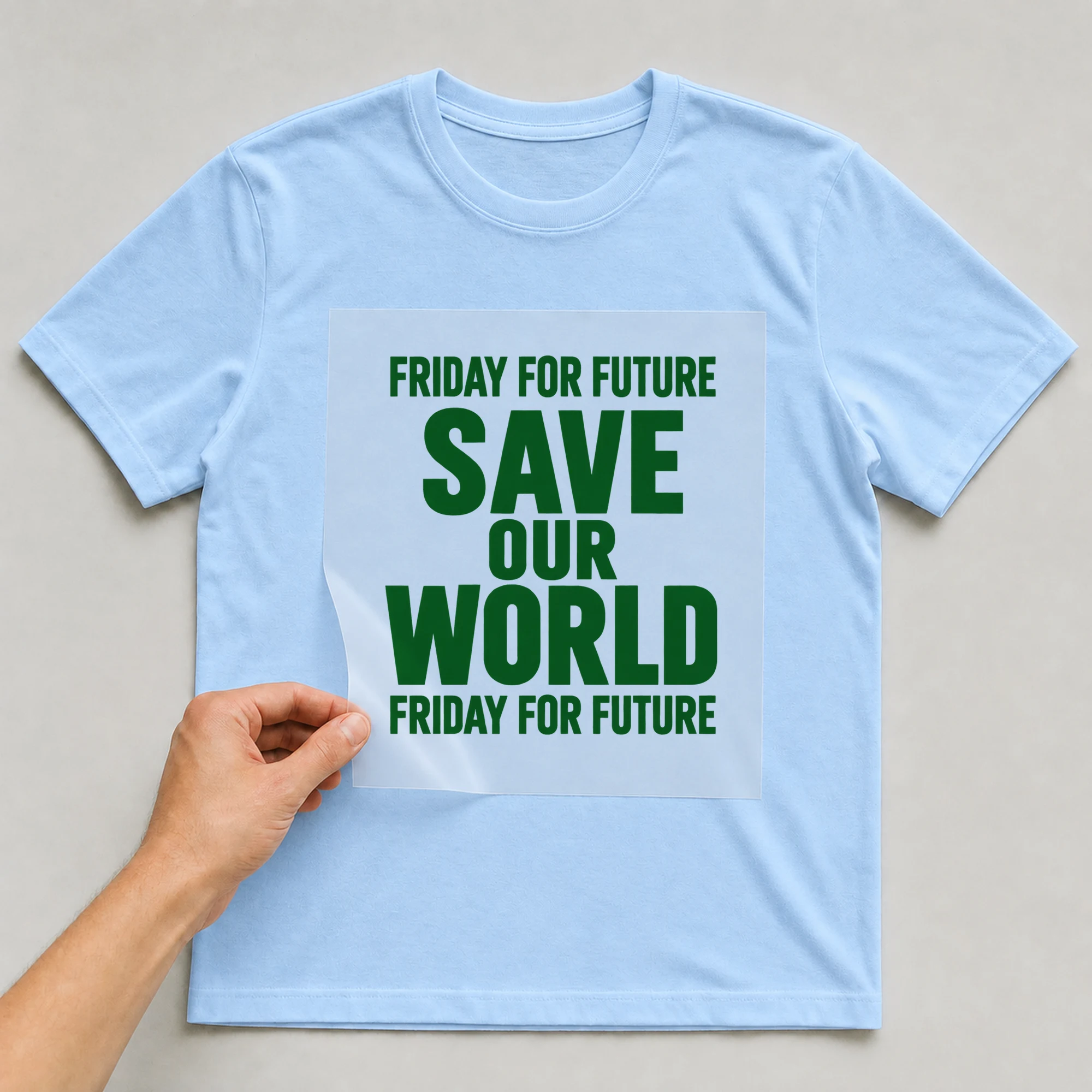 Bügelbild „FRIDAY FOR FUTURE SAVE OUR WORLD FRIDAY FOR FUTURE“ auf babyblauem T-Shirt, Folie wird aufgelegt