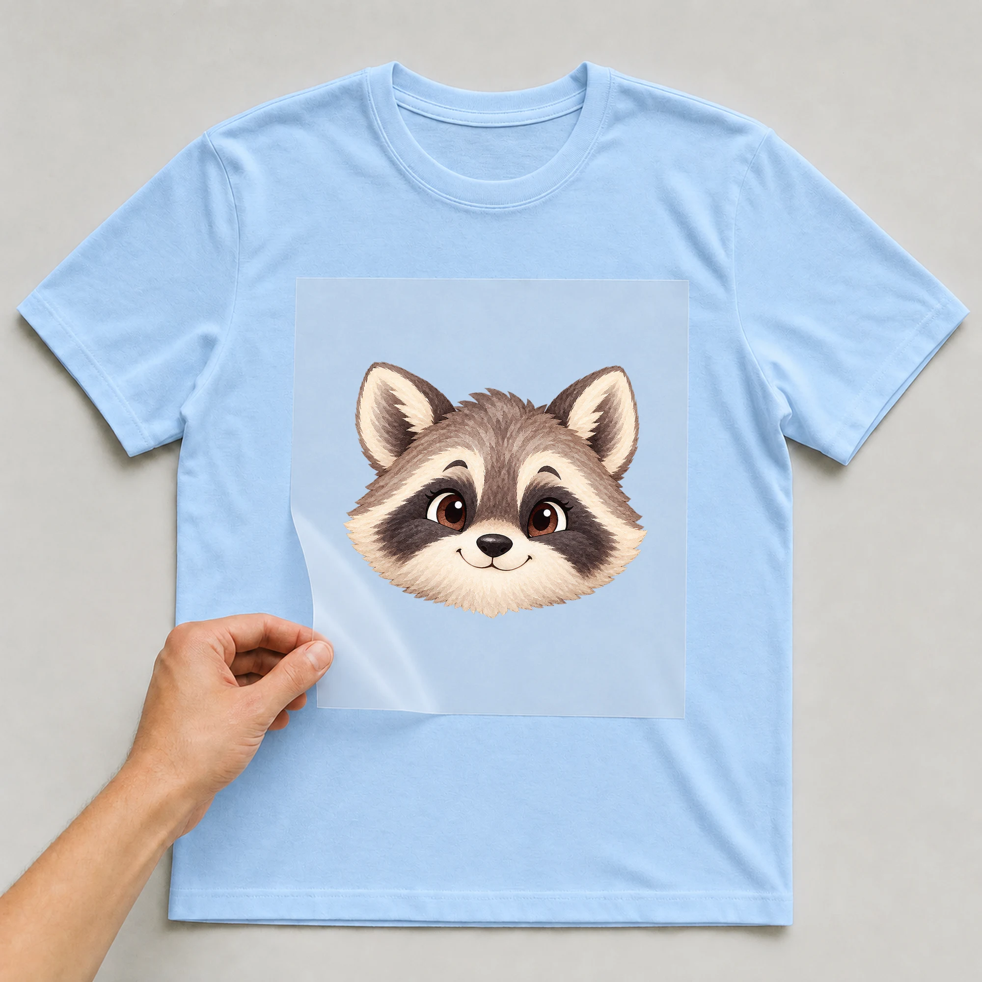 Bügelbild „Waschbär Comic Schatten Gestreift“ auf babyblauem T-Shirt, Folie wird aufgelegt