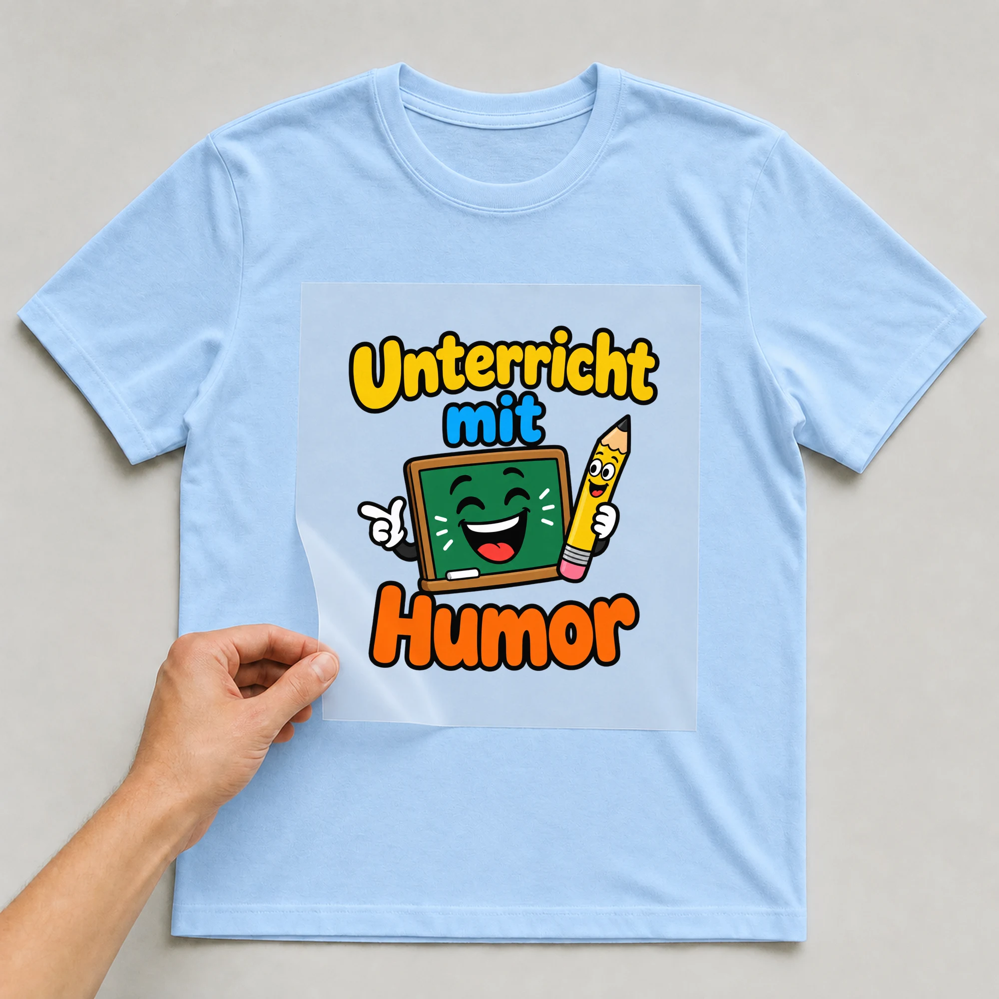 Bügelbild „Unterricht mit Humor“ auf babyblauem T-Shirt, Folie wird aufgelegt