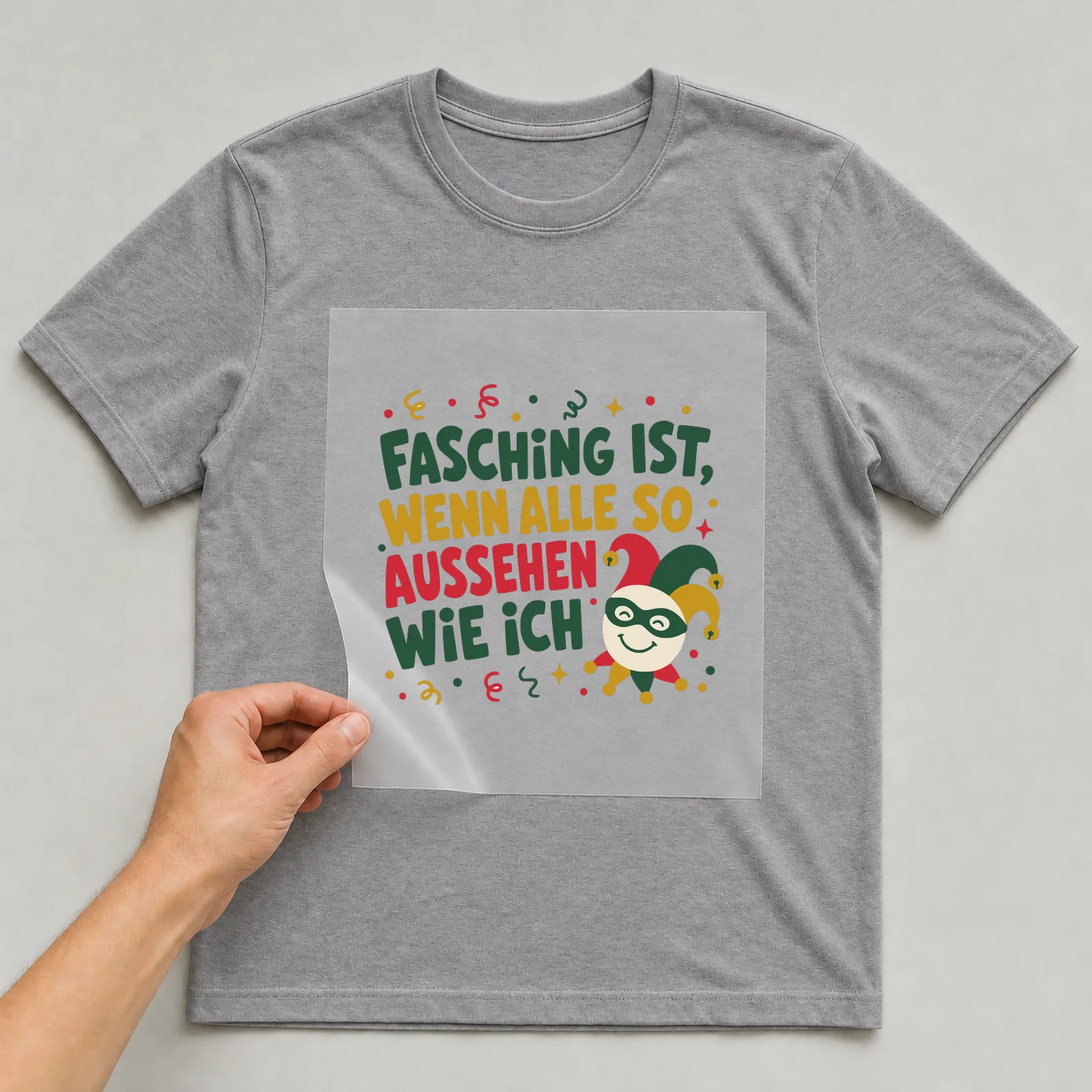 Bügelbild Fasching ist, wenn alle so aussehen wie ich auf grauem T-Shirt, Folie wird aufgelegt