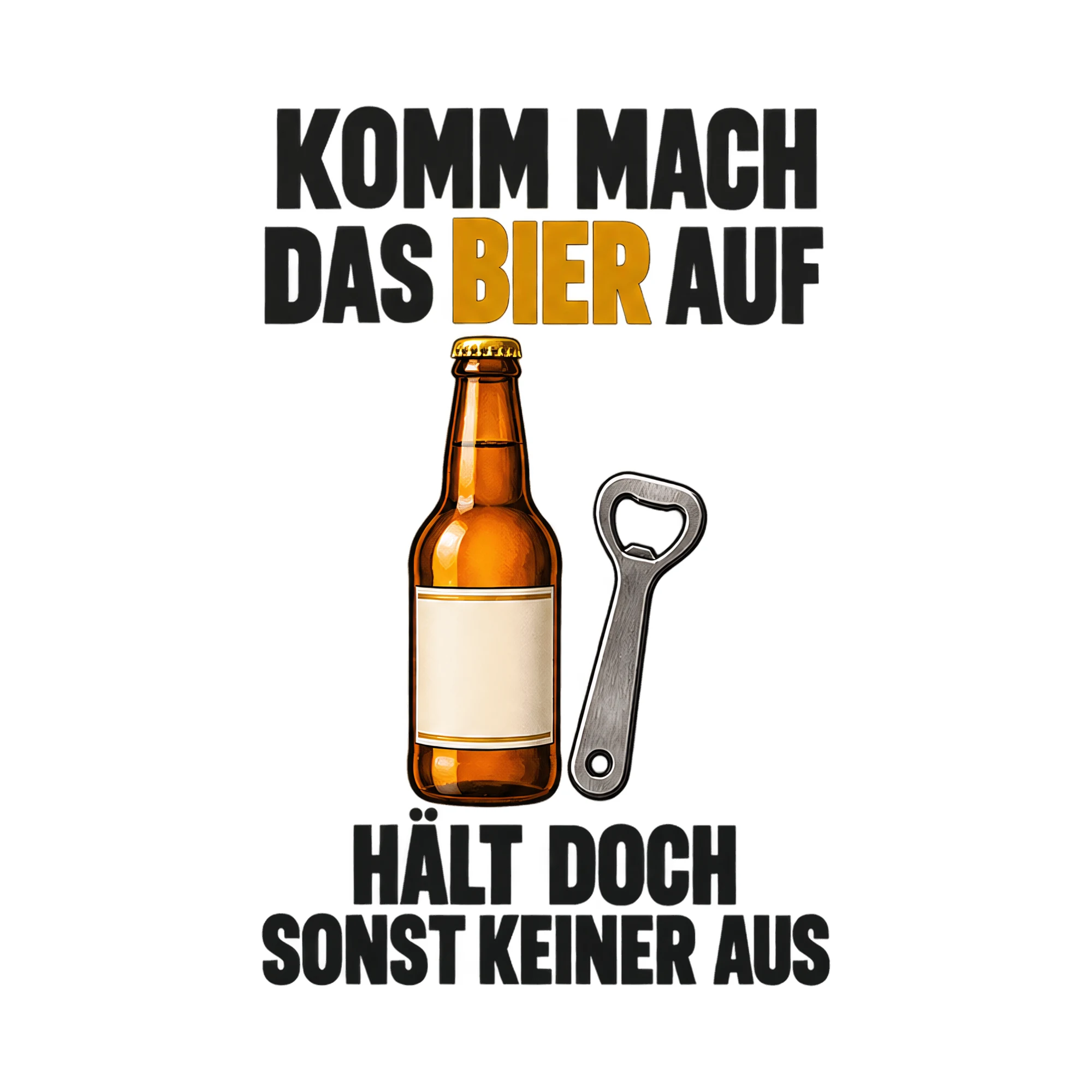 Bügelbild „Komm mach das Bier auf hält doch sonst keiner aus“, Party Shirt Spruch als Grafik auf weißem Hintergrund (BB017413)