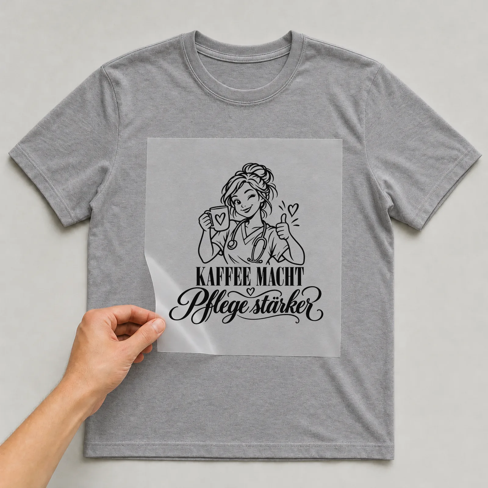 Bügelbild „Kaffee macht Pflege stärker“ auf grauem T-Shirt, Folie wird aufgelegt