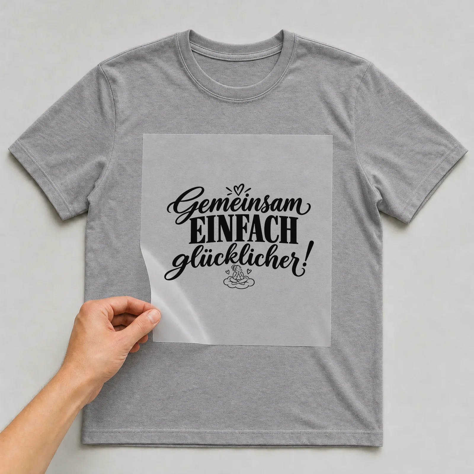 Bügelbild „Gemeinsam einfach glücklicher!“ auf grauem T-Shirt, Folie wird aufgelegt
