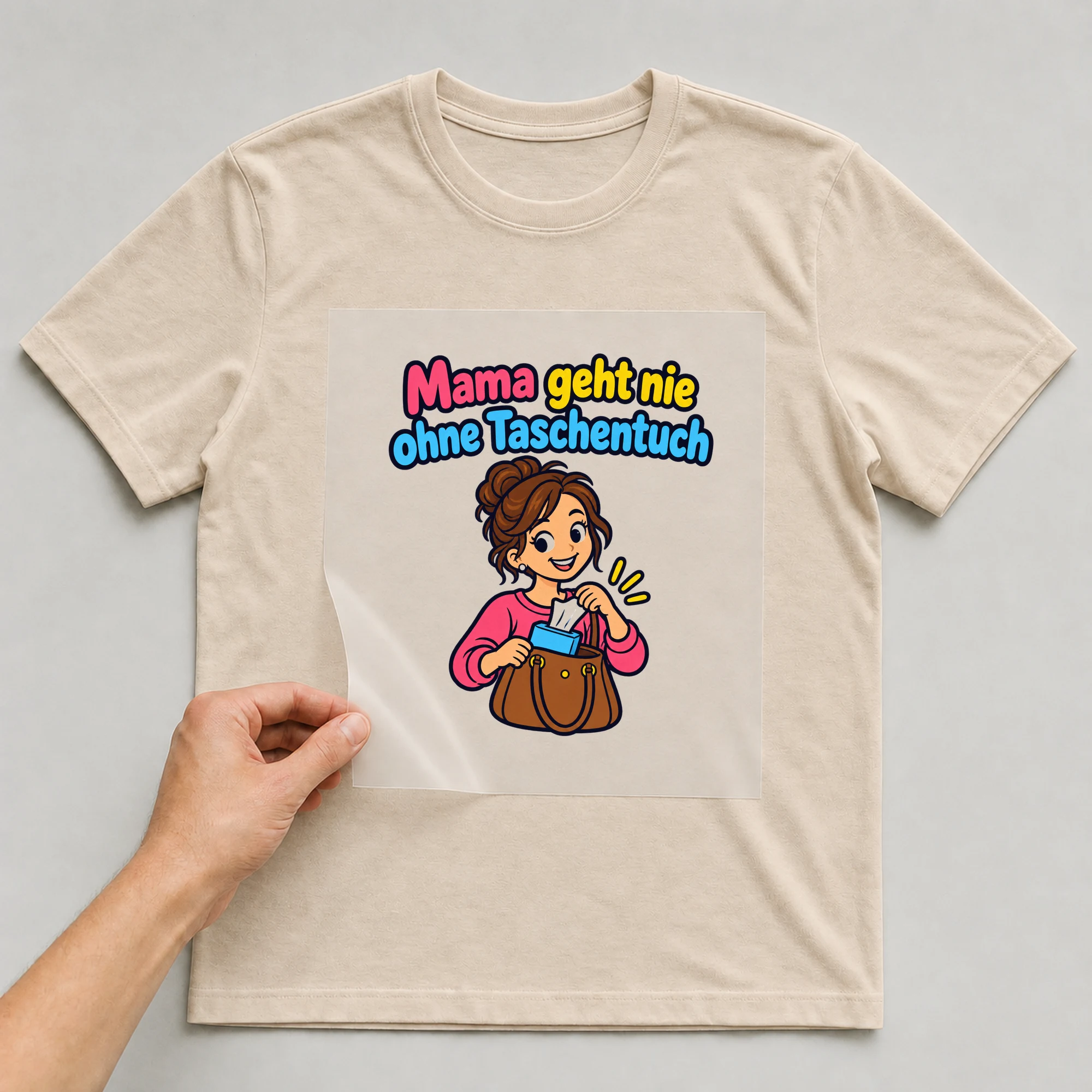 Bügelbild „Mama geht nie ohne Taschentuch“ auf beigem T-Shirt, Folie wird aufgelegt