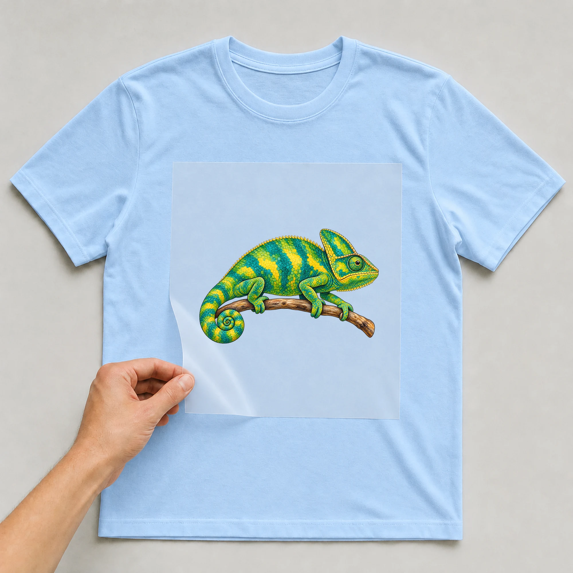 Bügelbild „Buntes Chamäleon“ auf babyblauem T-Shirt, Folie wird aufgelegt