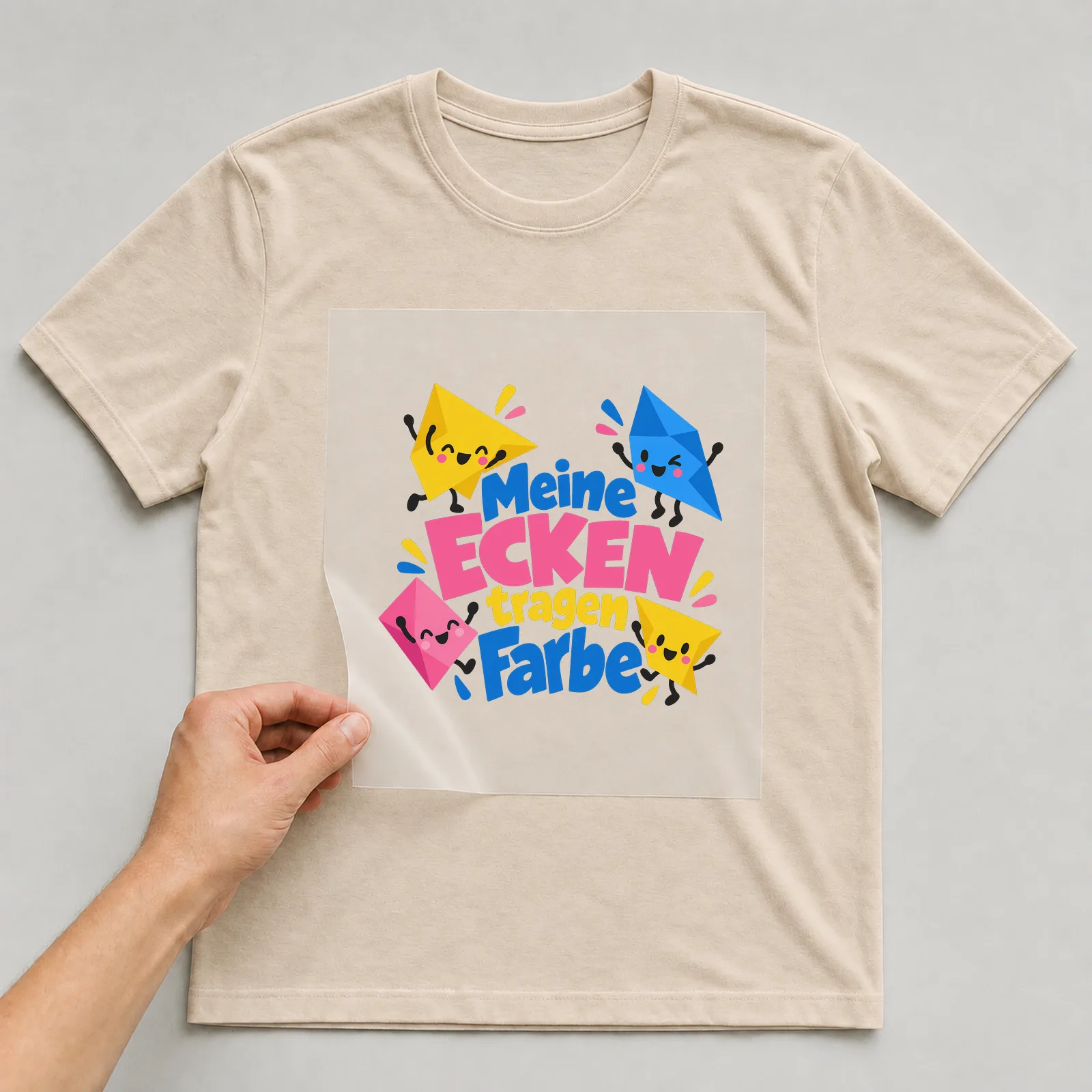 Bügelbild „Meine Ecken tragen Farbe“ auf beigem T-Shirt, Folie wird aufgelegt