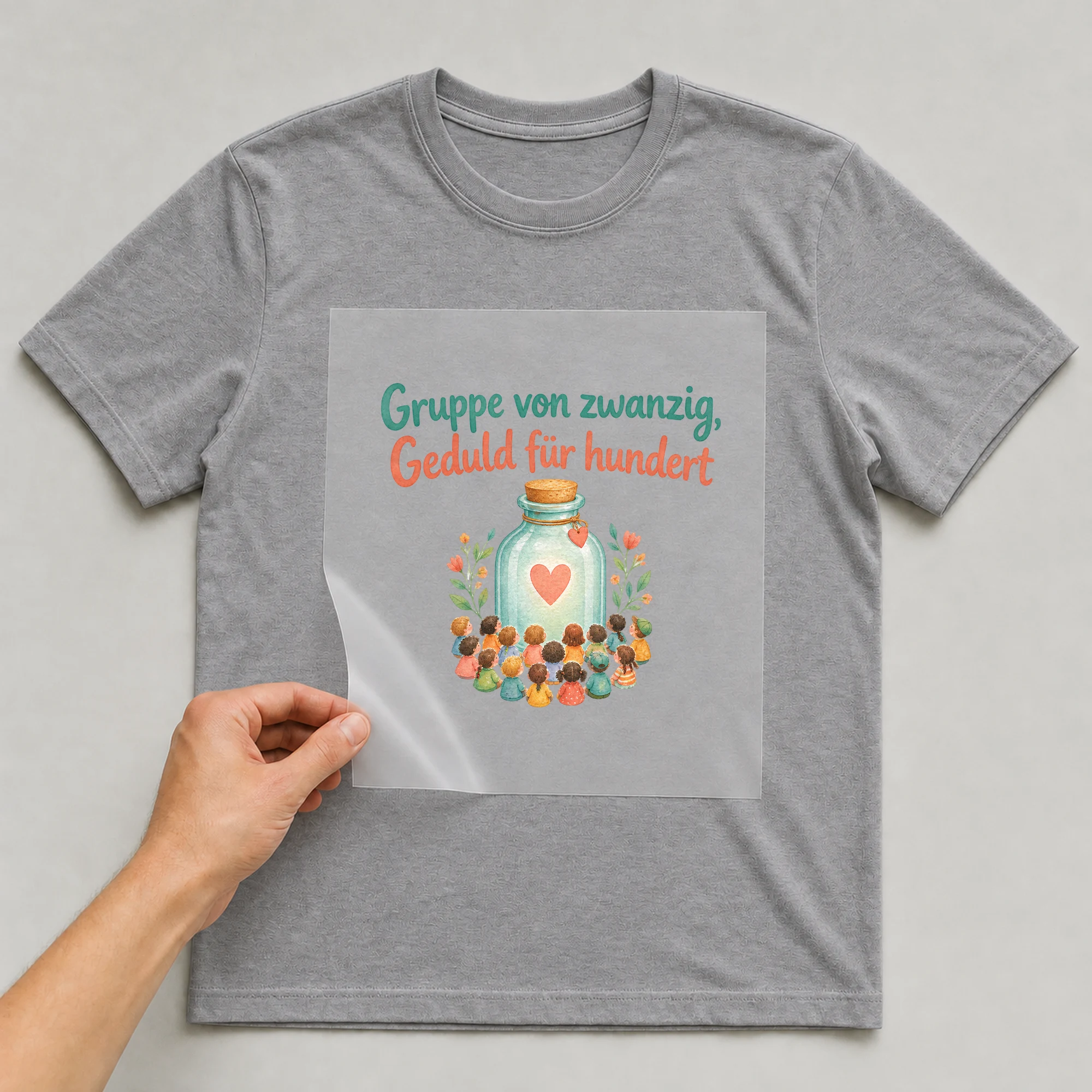 Bügelbild „Gruppe von zwanzig, Geduld für hundert“ auf grauem T-Shirt, Folie wird aufgelegt