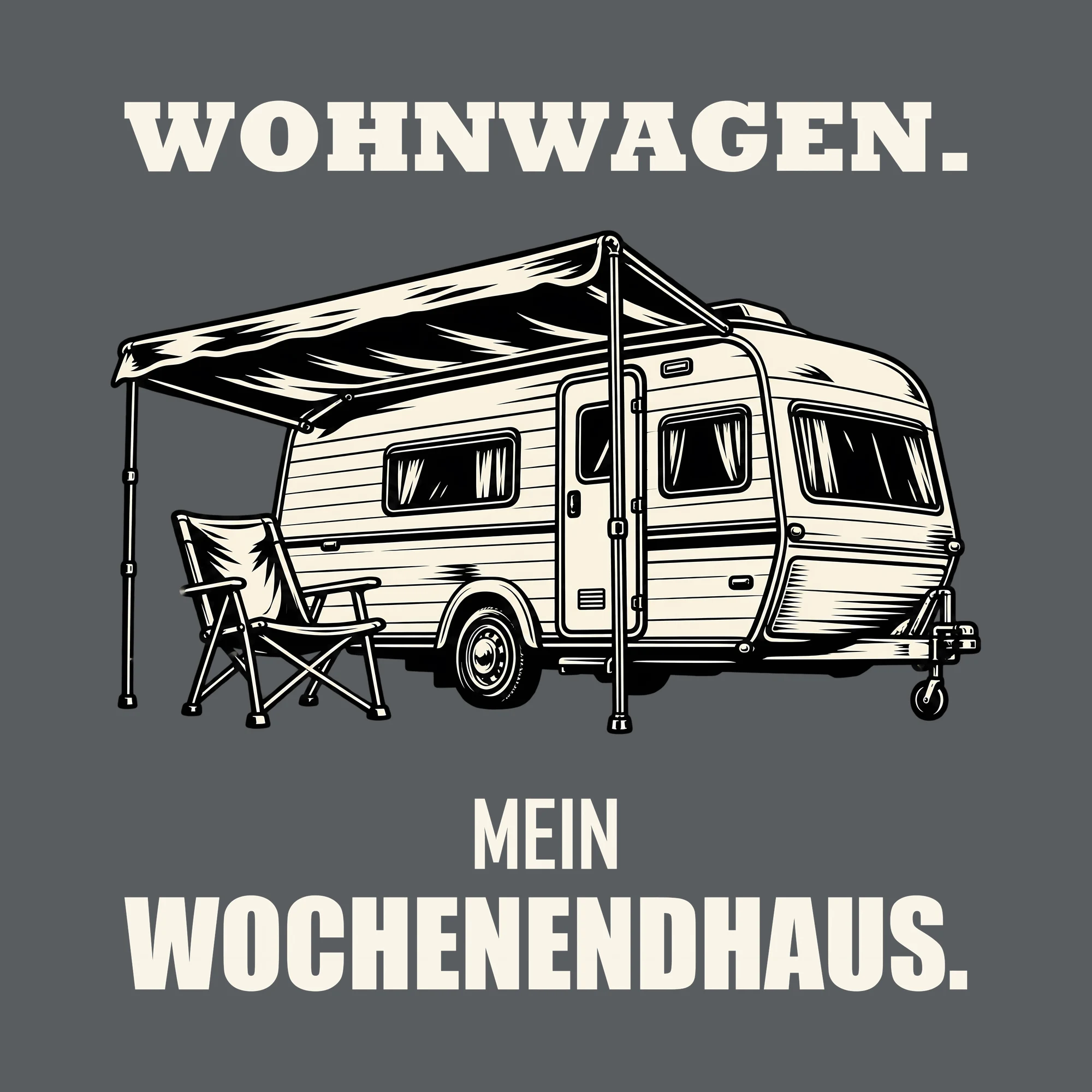 Bügelbild WOHNWAGEN. MEIN WOCHENENDHAUS. als Grafik auf dunklem Hintergrund (BB012747)