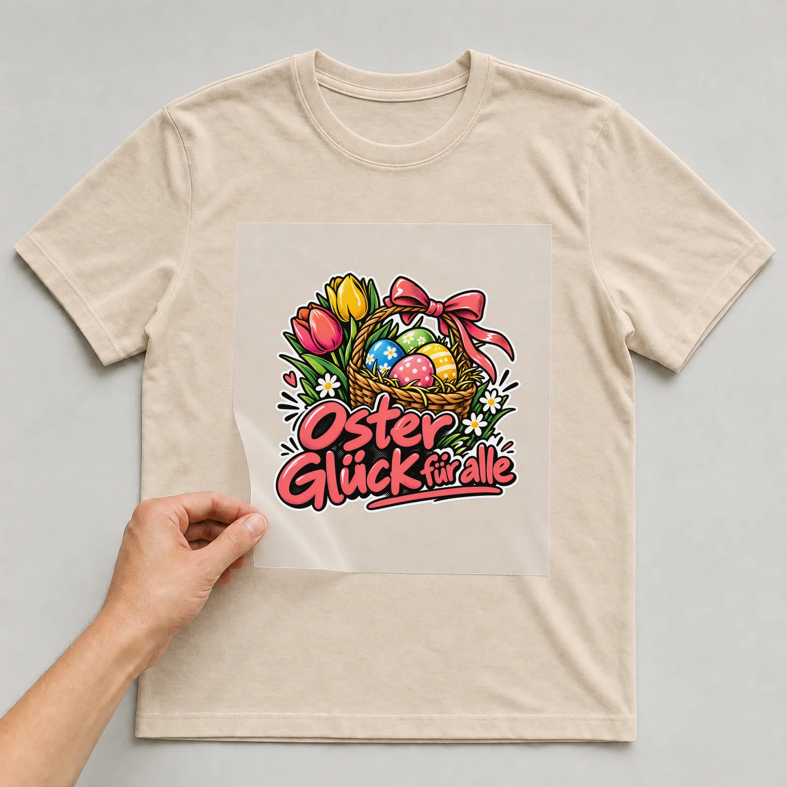 Bügelbild „Osterglück für alle“ auf beigem T-Shirt, Folie wird aufgelegt