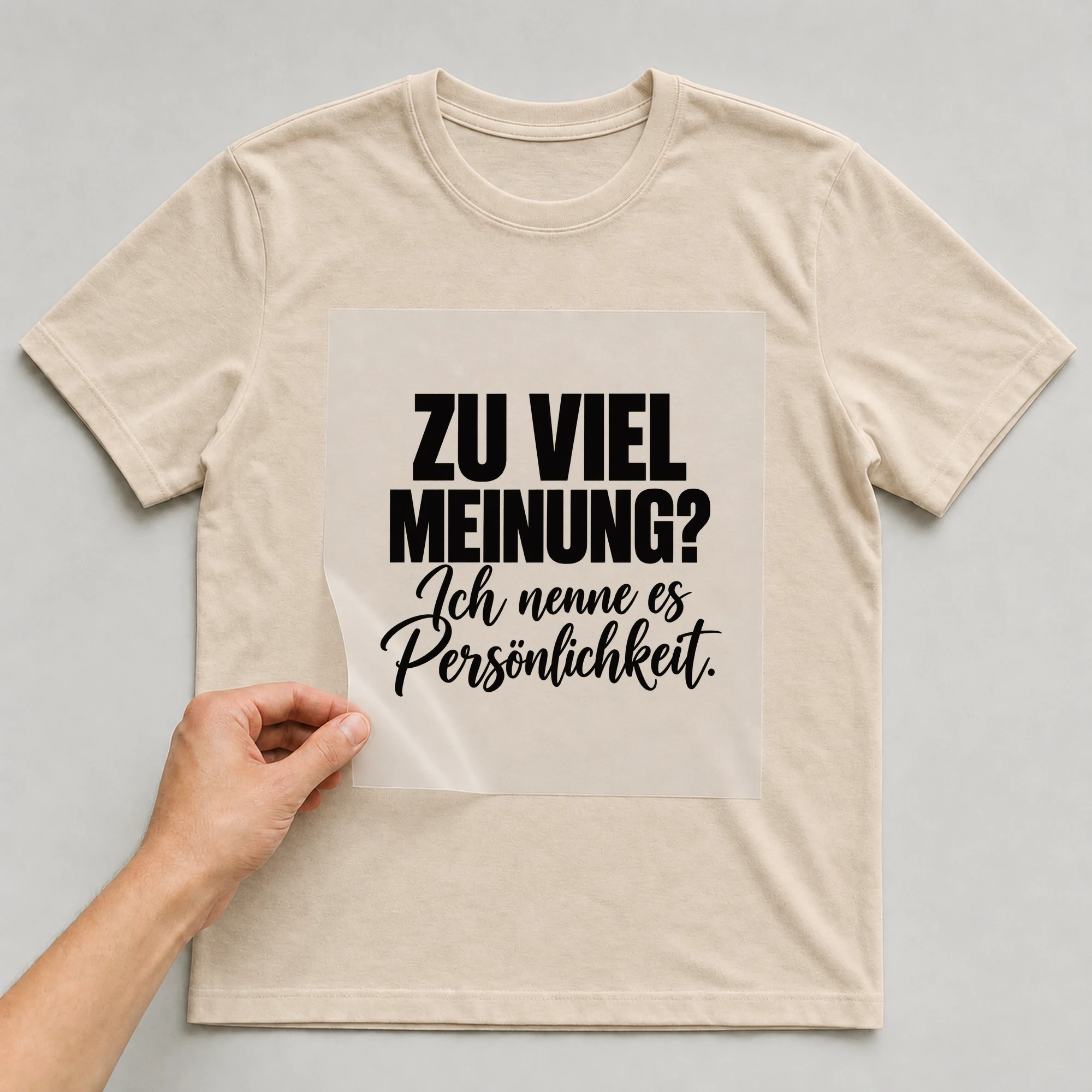 Bügelbild „Zu viel Meinung? Ich nenne es Persönlichkeit.“ auf babyblauem T-Shirt, Folie wird aufgelegt