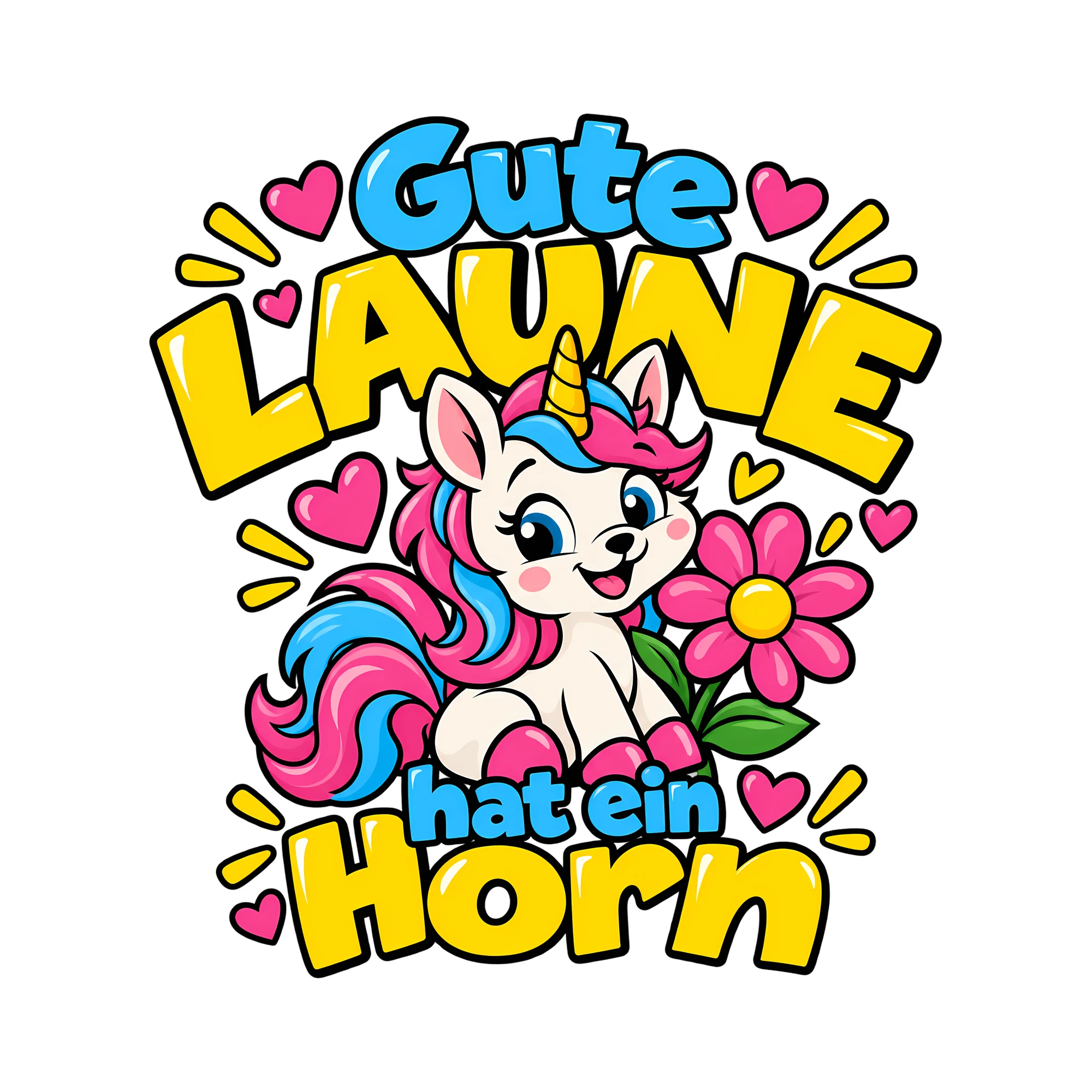 Bügelbild Gute Laune hat ein Horn als Grafik auf weißem Hintergrund (BB013047)
