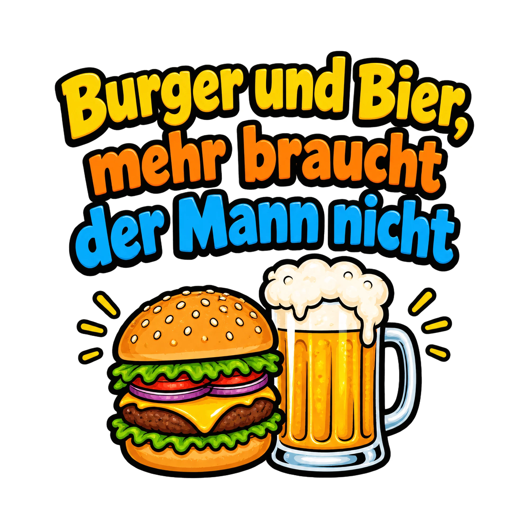 Bügelbild Burger und Bier, mehr braucht der Mann nicht als Grafik auf weißem Hintergrund (BB018498)