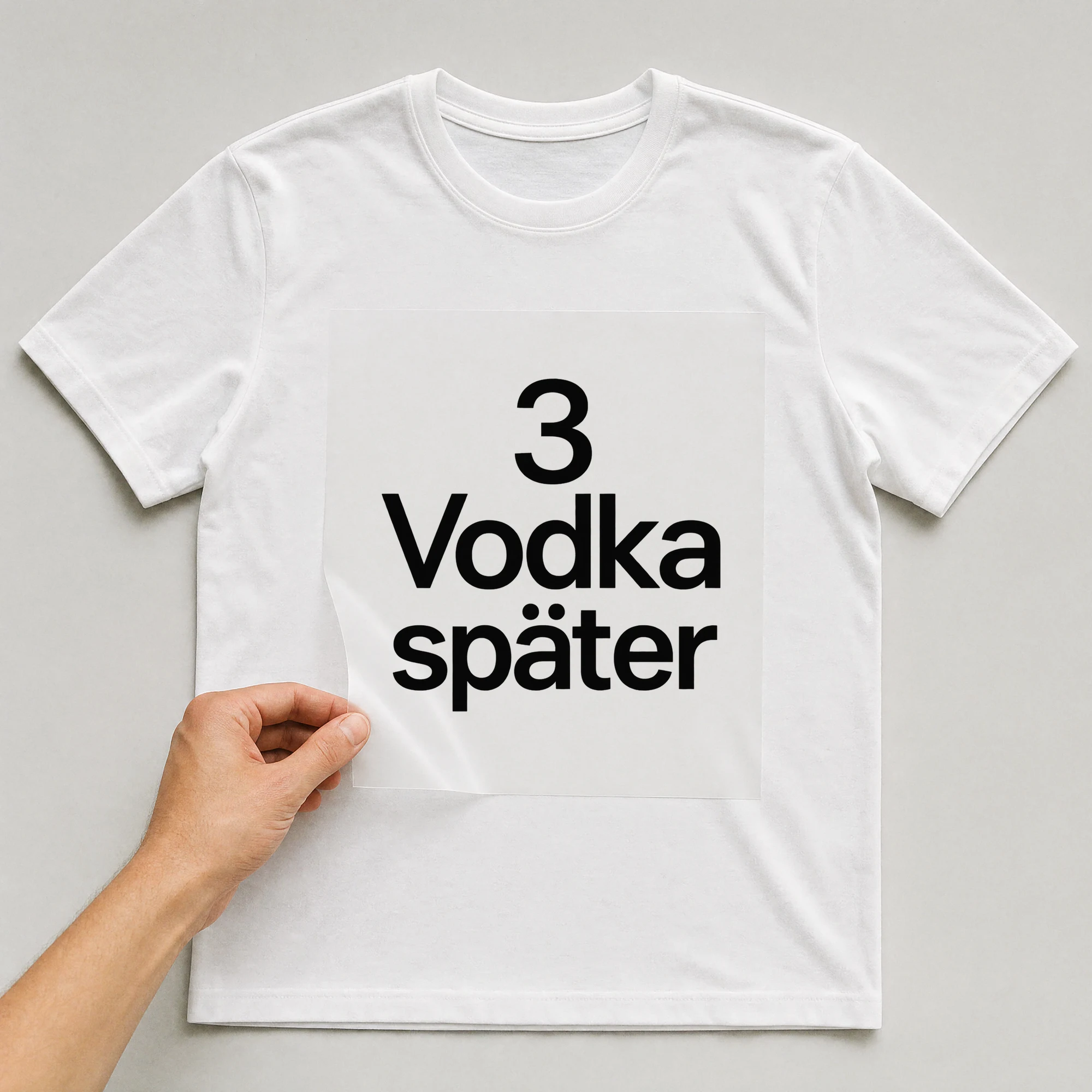 Bügelbild „3 Vodka später“ auf weißem T-Shirt, Folie wird aufgelegt