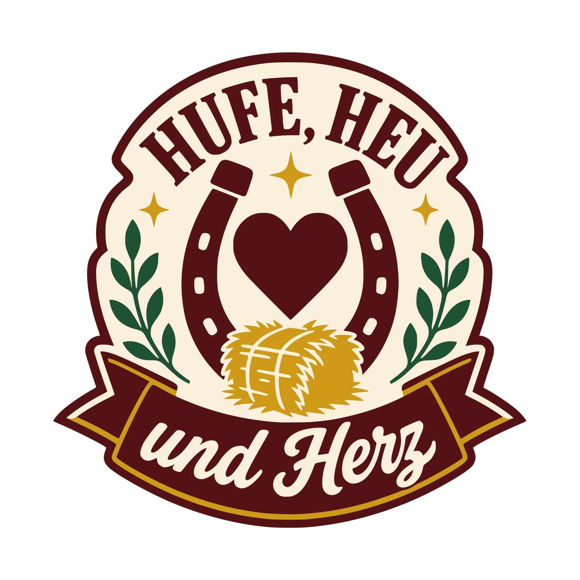Bügelbild Hufe, Heu und Herz als Grafik auf weißem Hintergrund (BB010545)