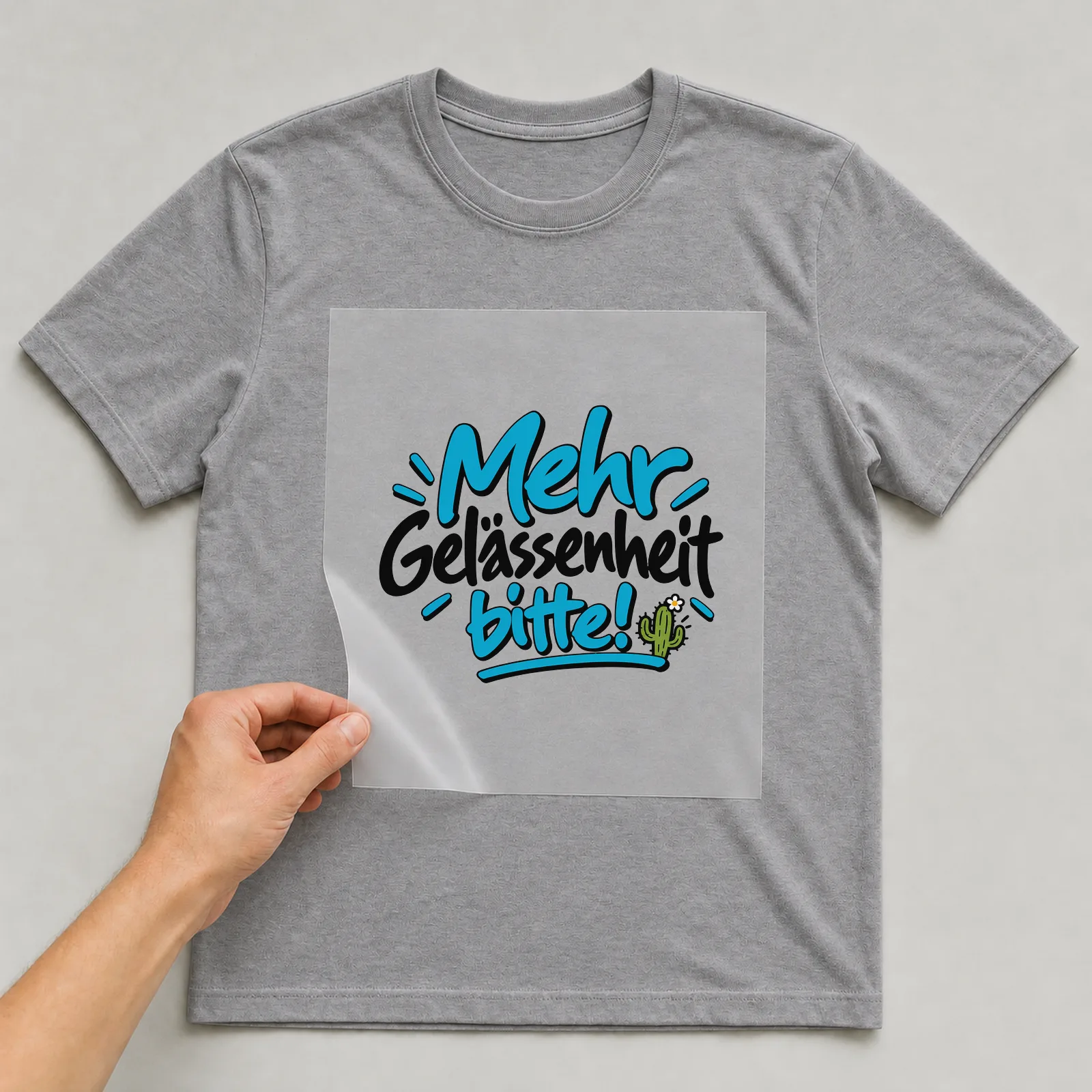 Bügelbild „Mehr Gelassenheit bitte!“ auf grauem T-Shirt, Folie wird aufgelegt