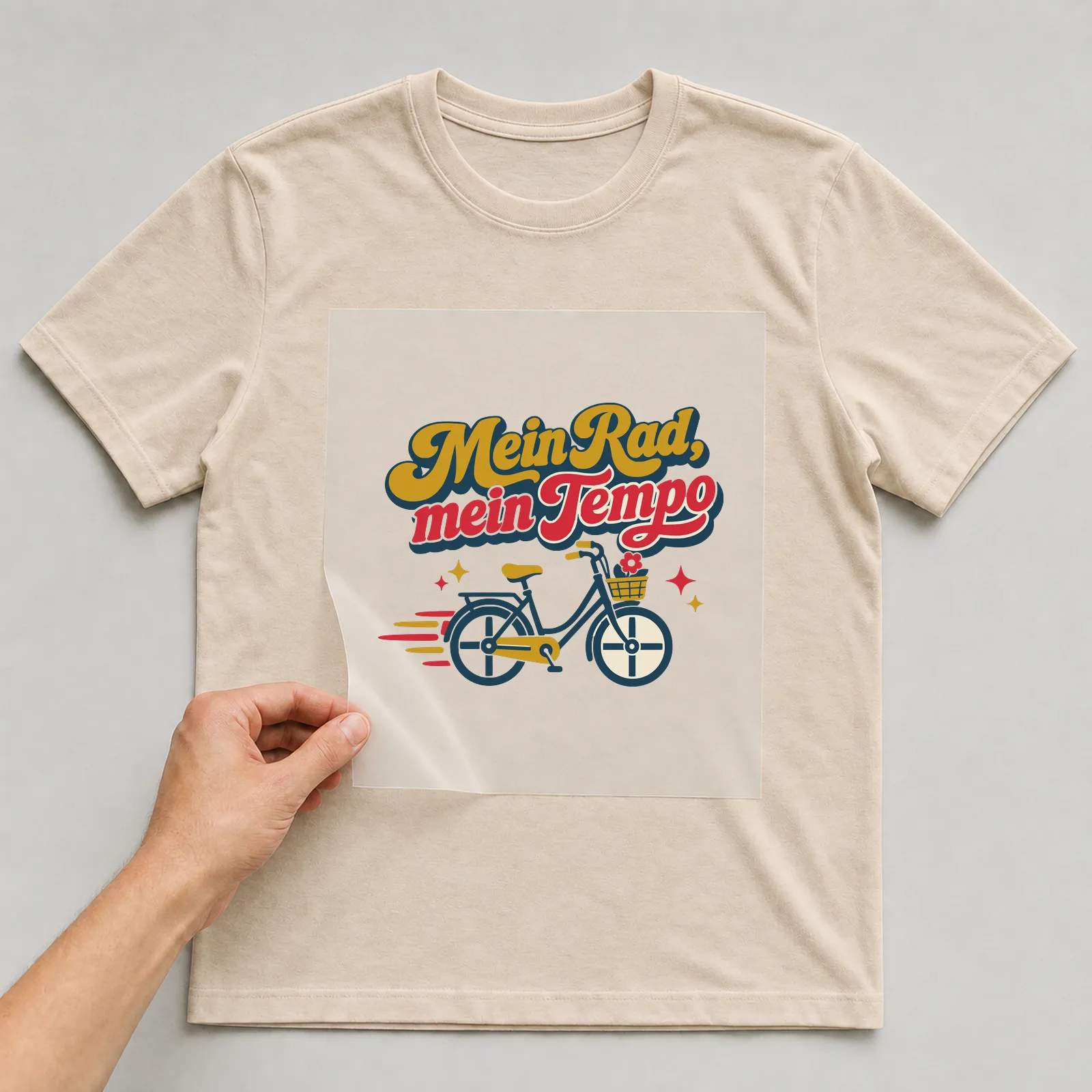 Bügelbild Mein Rad, mein Tempo auf beigem T-Shirt, Folie wird aufgelegt