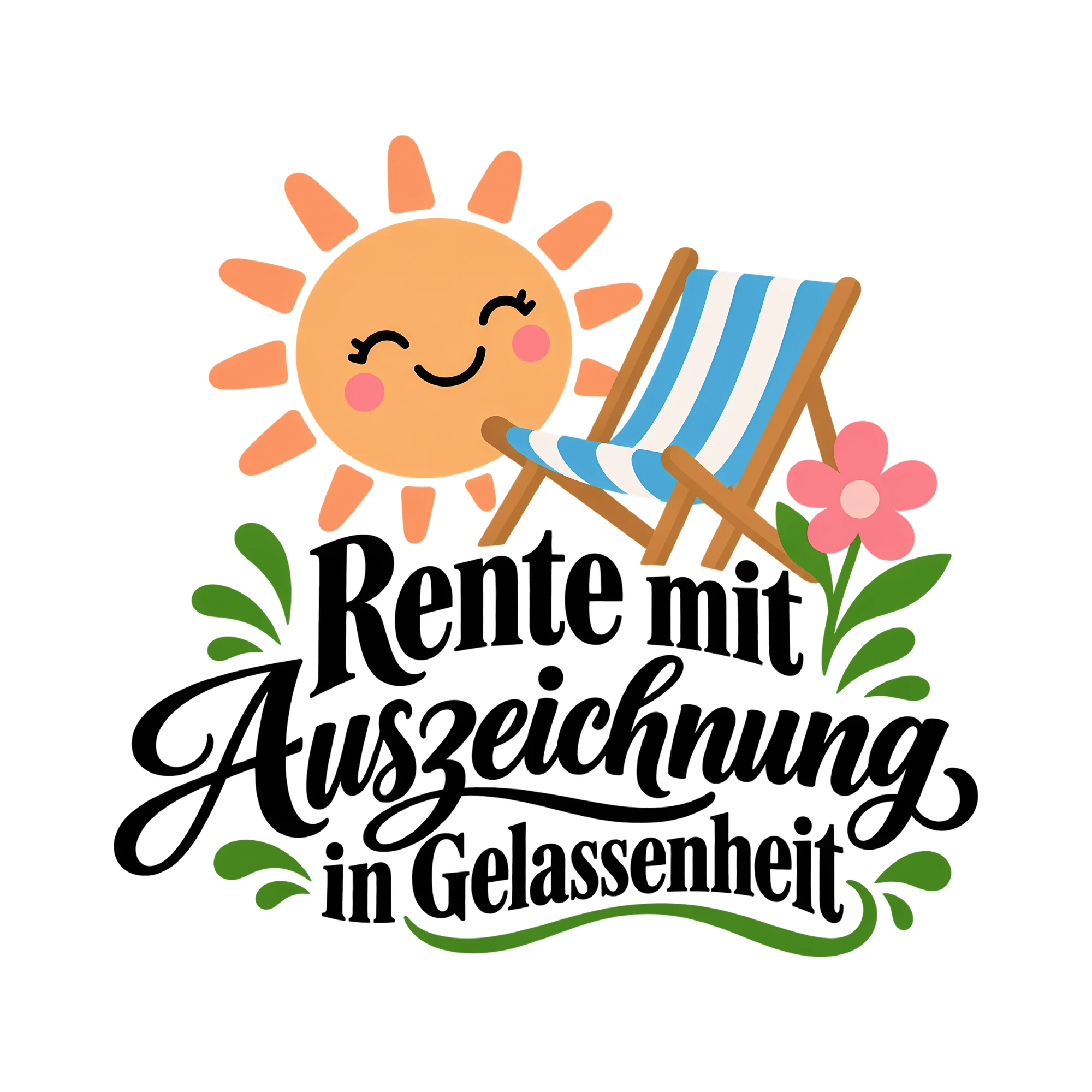 Bügelbild Rente mit Auszeichnung in Gelassenheit als Grafik auf weißem Hintergrund (BB011676)