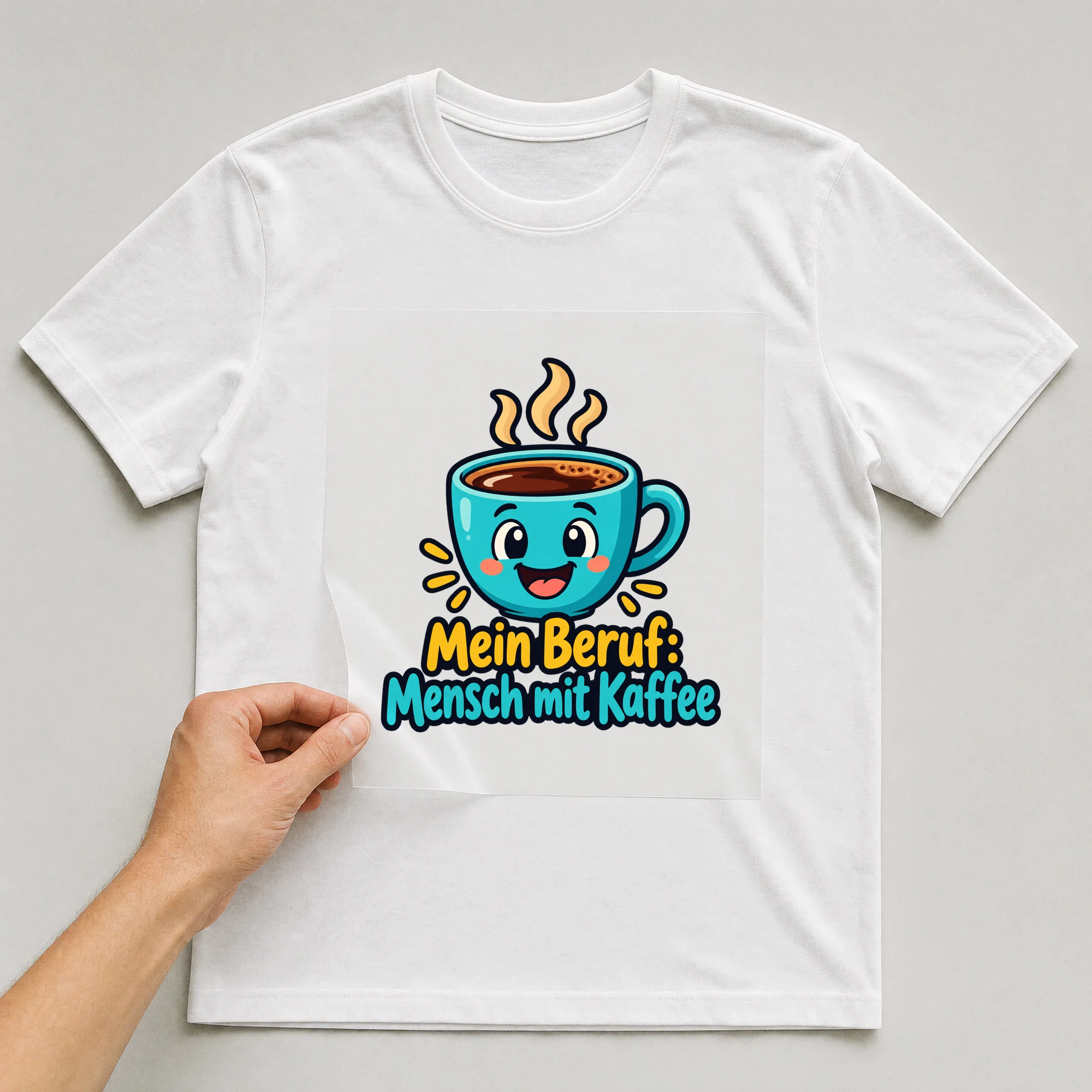 Bügelbild „Mein Beruf: Mensch mit Kaffee“ auf weißem T-Shirt, Folie wird aufgelegt