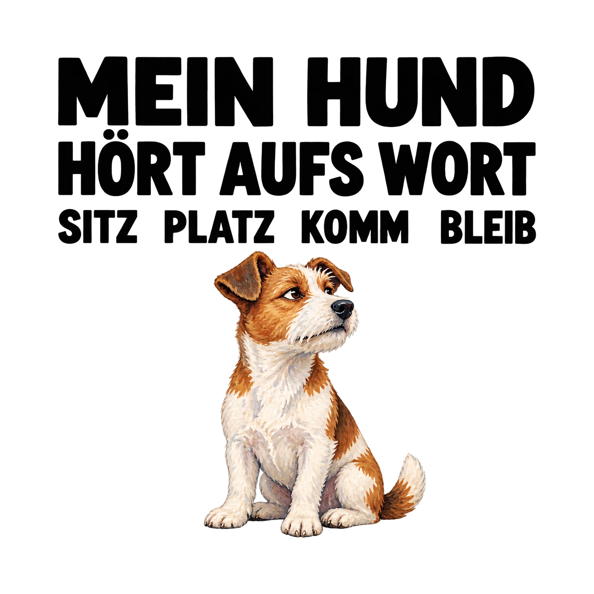 Bügelbild Mein Hund Hört Aufs Wort Sitz Platz Komm Bleib, Tiere Shirt Spruch als Grafik auf weißem Hintergrund (BB016097)