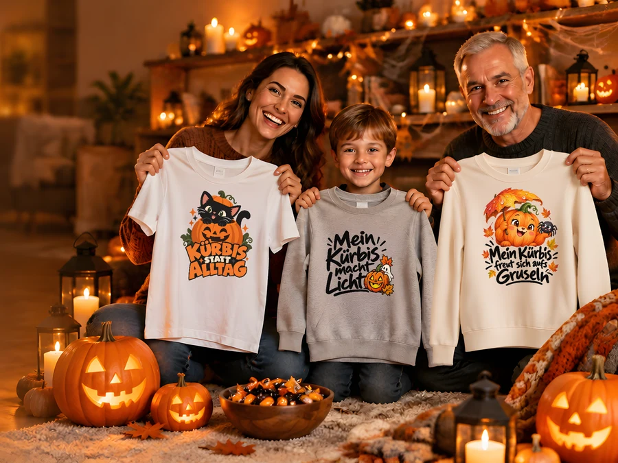 Familie hält drei Shirts mit Halloween-Bügelbildern zwischen Kürbissen und Kerzen