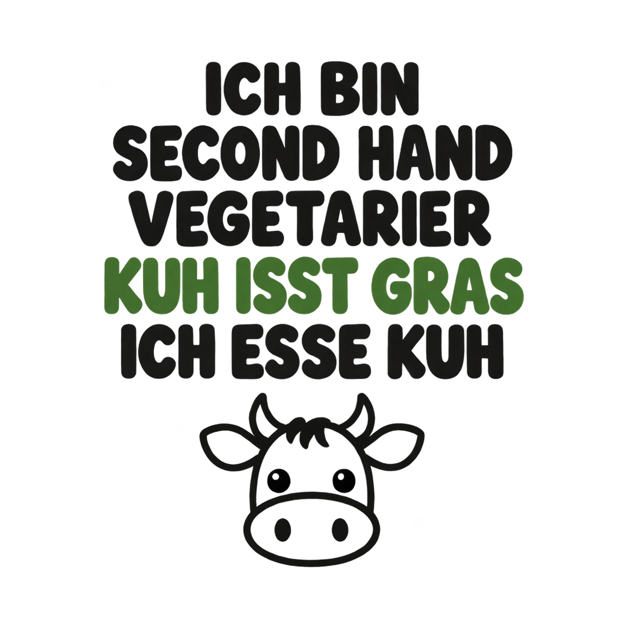 Bügelbild Ich bin second Hand Vegetarier Kuh isst Gras ich esse Kuh, Tiere Shirt Spruch als Grafik auf weißem Hintergrund (BB017730)