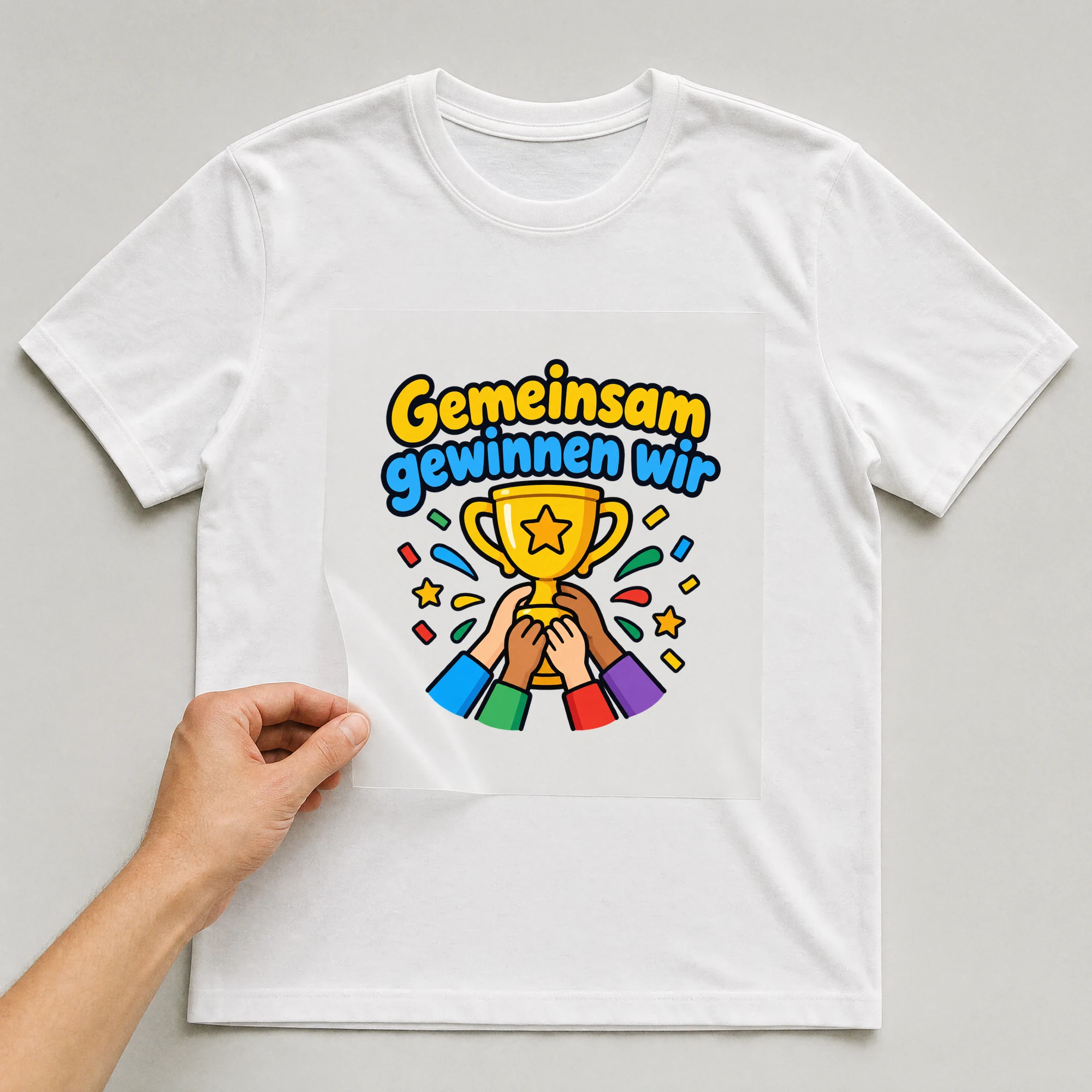 Bügelbild „Gemeinsam gewinnen wir“ auf weißem T-Shirt, Folie wird aufgelegt