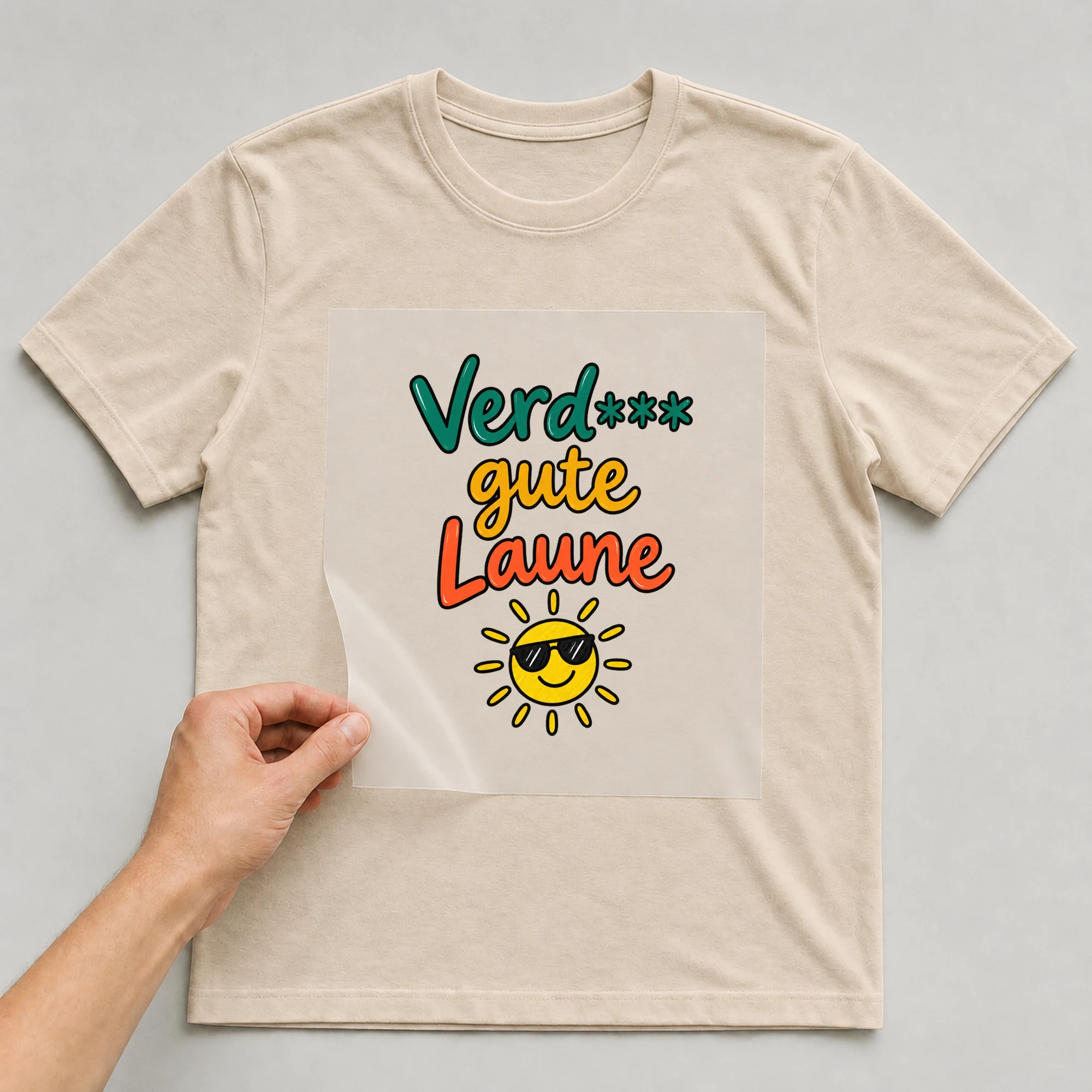 Bügelbild „Verd*** gute Laune“ auf beigem T-Shirt, Folie wird aufgelegt